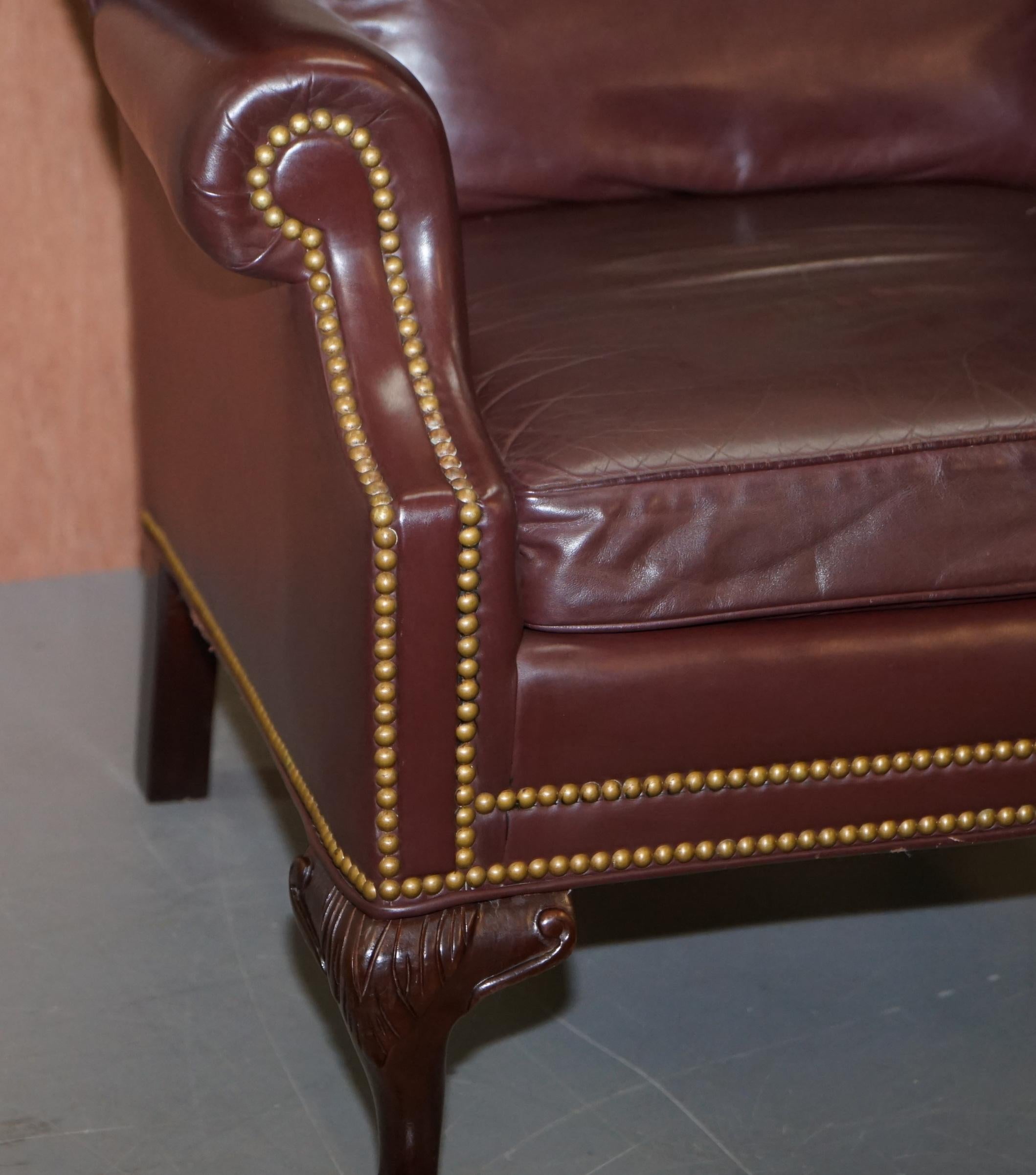 20th Century Hancock & Moore Hardwood Brown Leather Wingback Armchairs Claw & Ball Feet Pair
