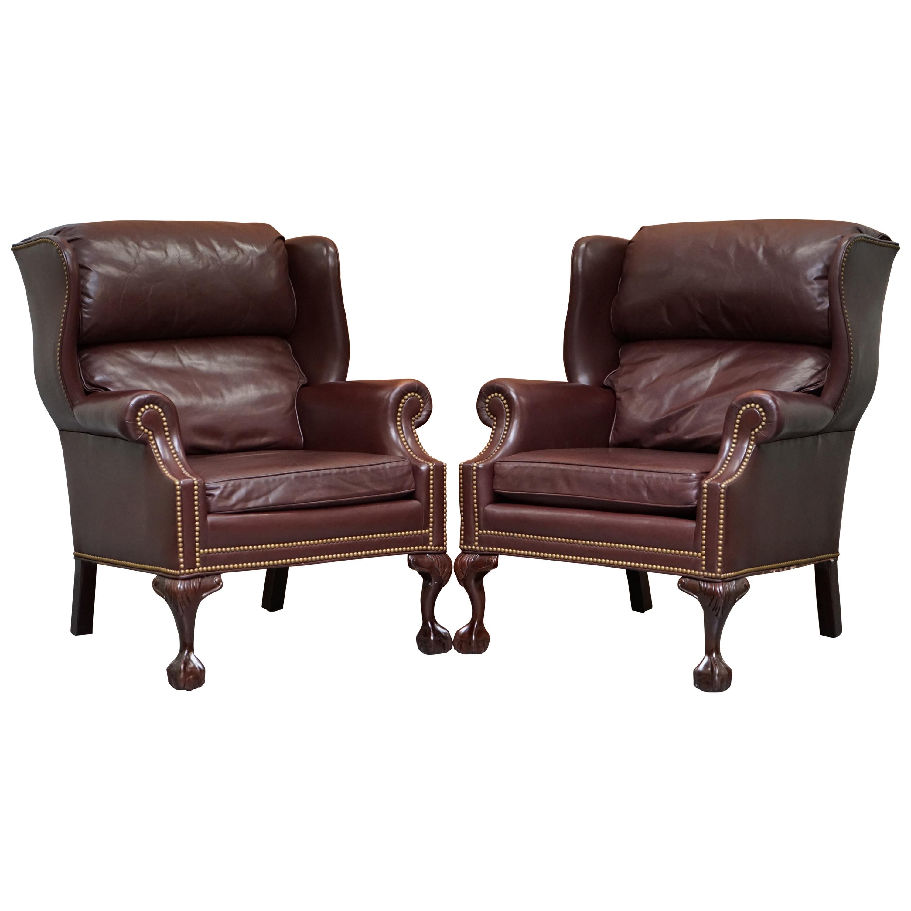 Hancock & Moore Hardwood Brown Leather Wingback Armchairs Claw & Ball Feet Pair