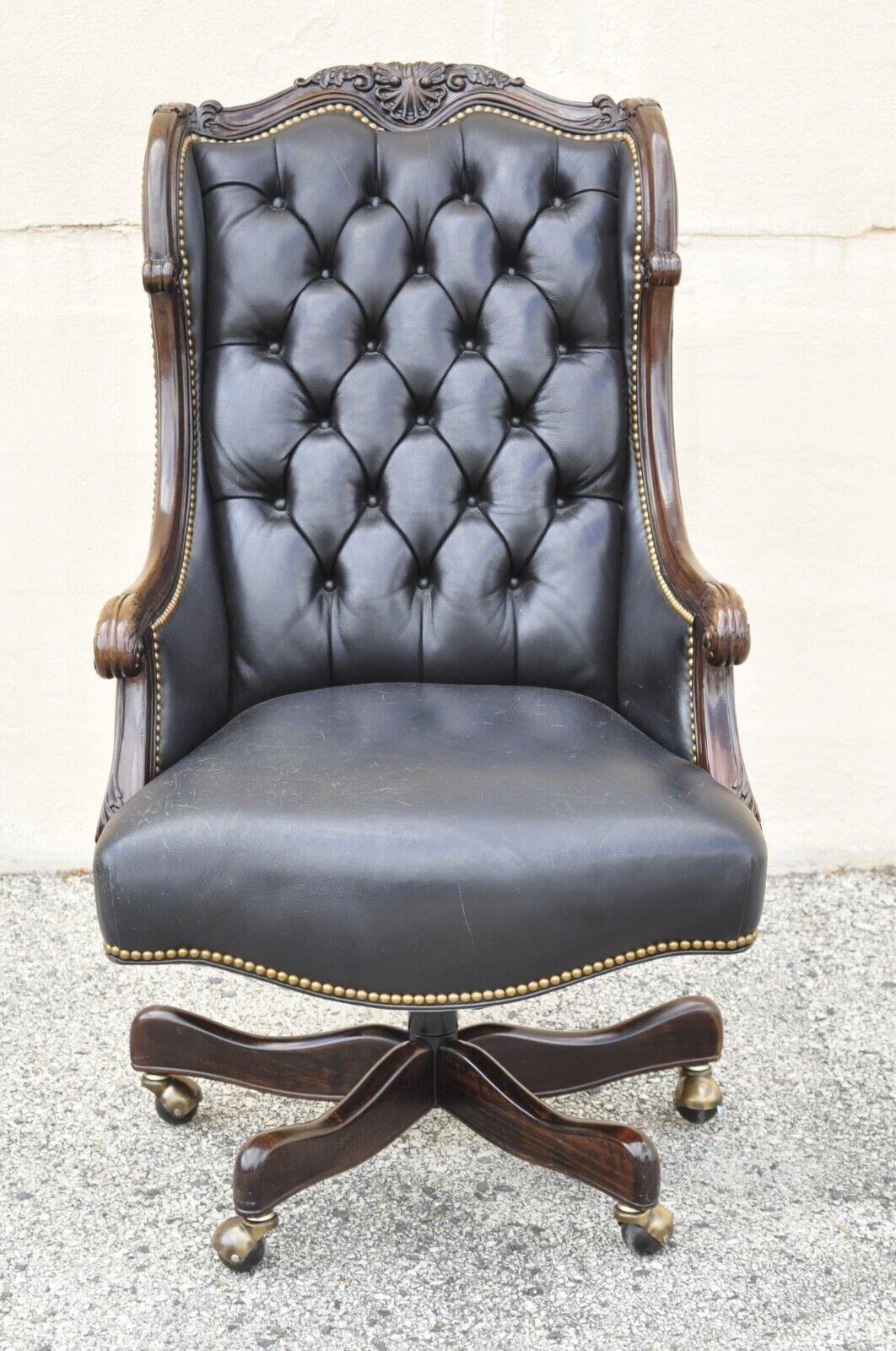 Hancock & Moore Oakley Black Leather Tufted Swivel Executive Office Desk Chair. Item features Black leather button tufted upholstery, adjustable height, rolling casters, original labels, quality American craftsmanship. Original retail price over