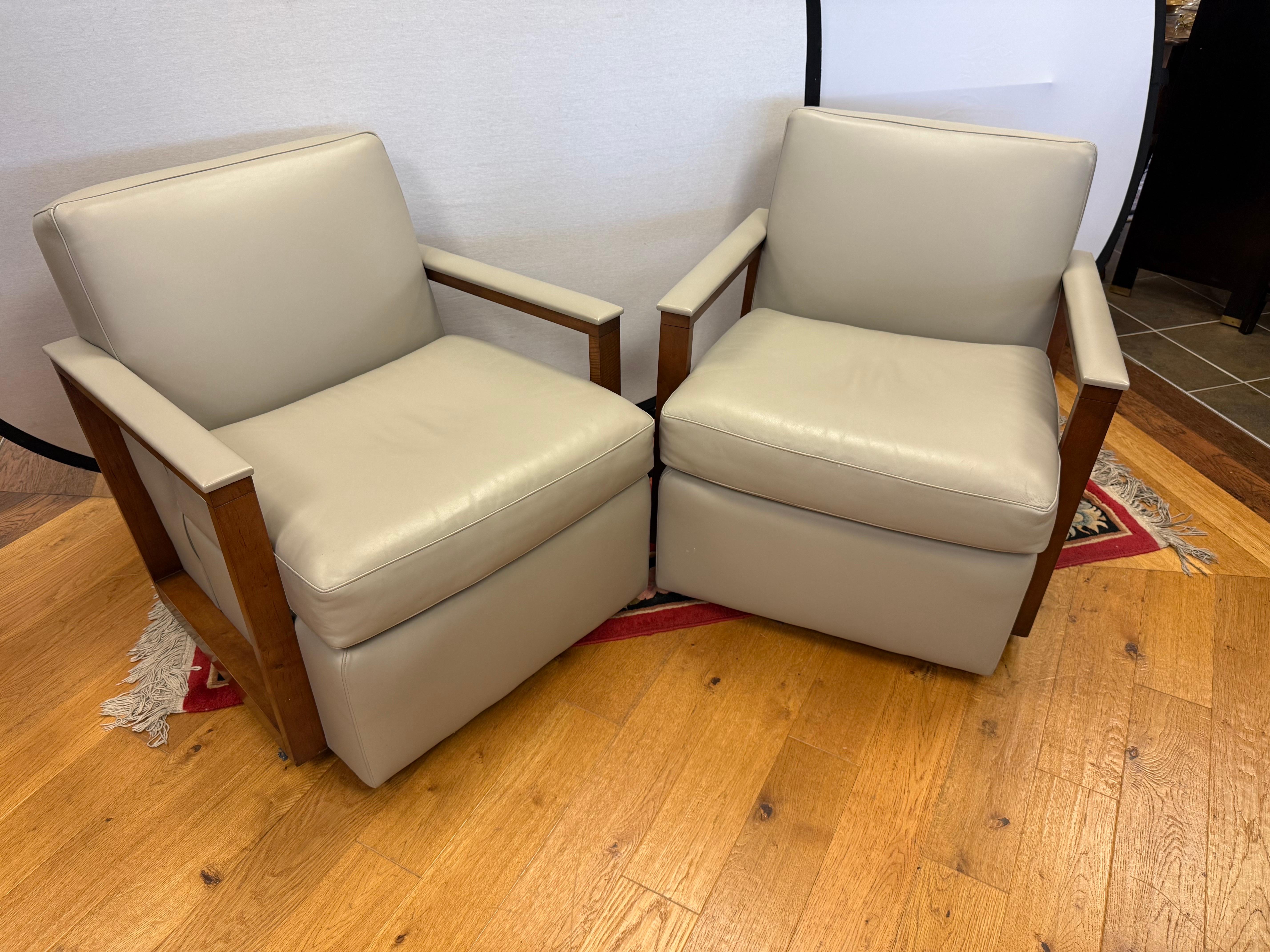 Metal Hancock & Moore Pair of Bowery Leather Swivel lounge Chairs