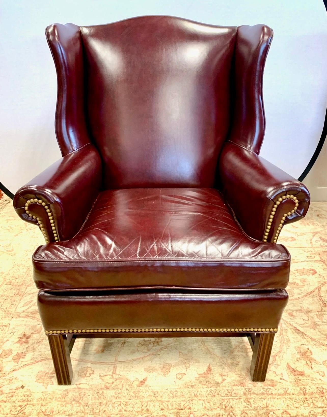 Hancock & Moore Pair of Matching Merlot Leather and Nailhead Wingback Chairs In Good Condition In West Hartford, CT