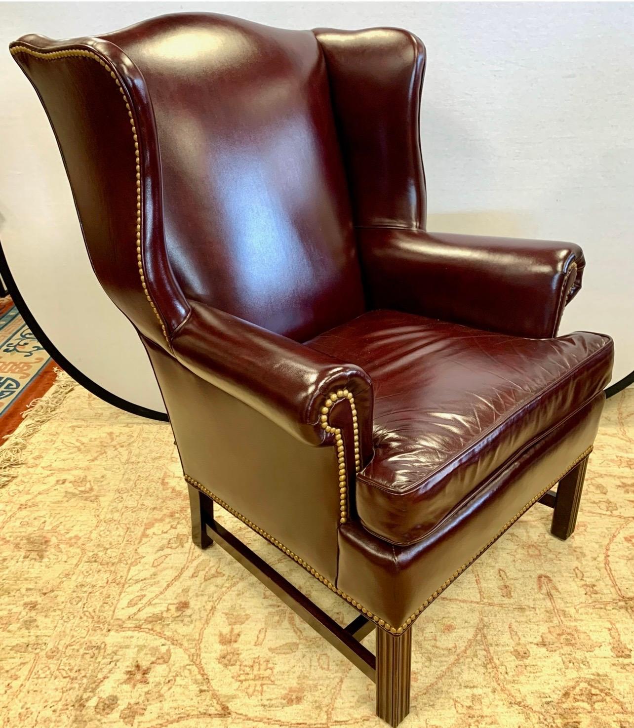 20th Century Hancock & Moore Pair of Matching Merlot Leather and Nailhead Wingback Chairs