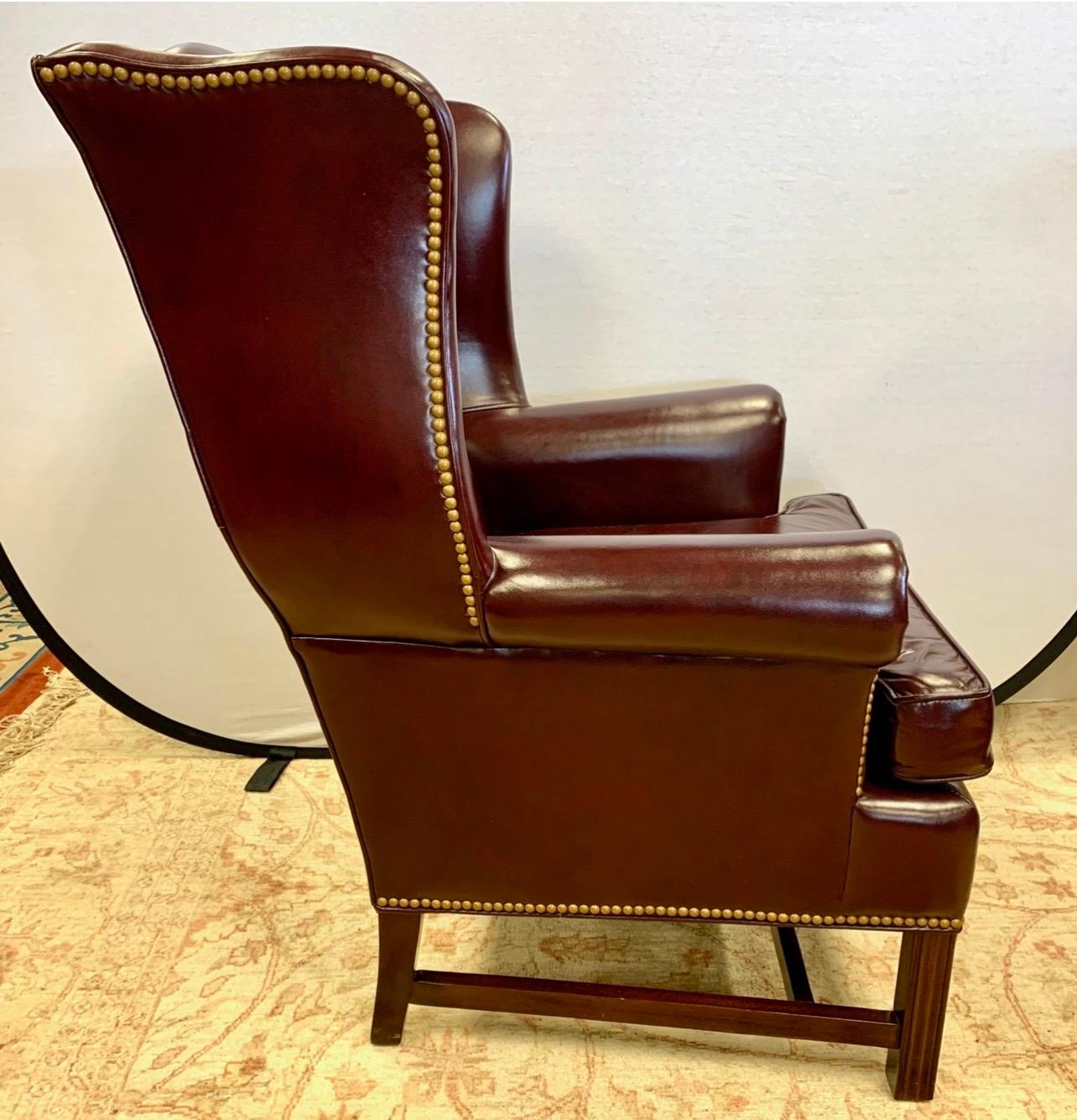 Brass Hancock & Moore Pair of Matching Merlot Leather and Nailhead Wingback Chairs