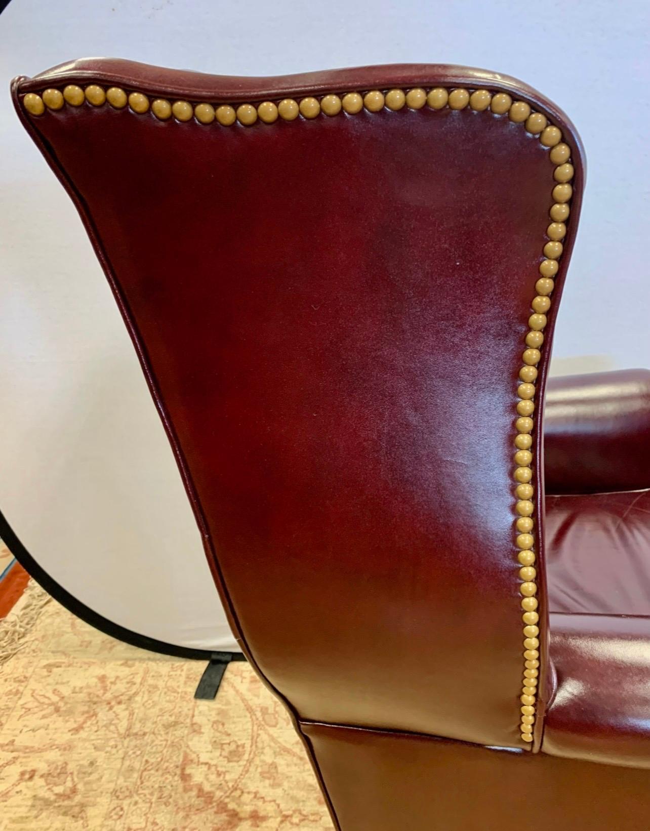 Hancock & Moore Pair of Matching Merlot Leather and Nailhead Wingback Chairs 1