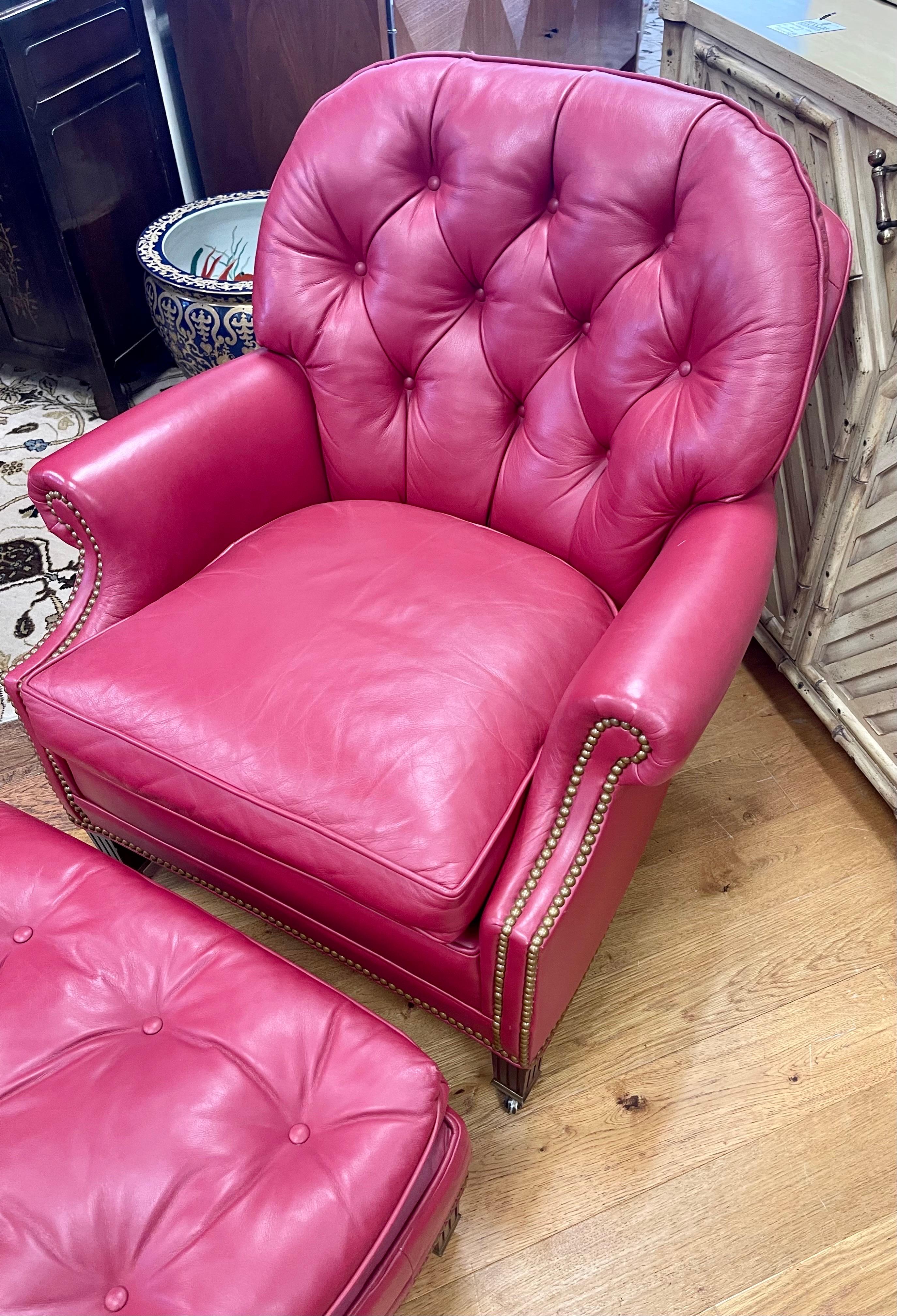 Hancock & Moore Raspberry Red Leather Nailhead Reading Chair and Ottoman Set 1