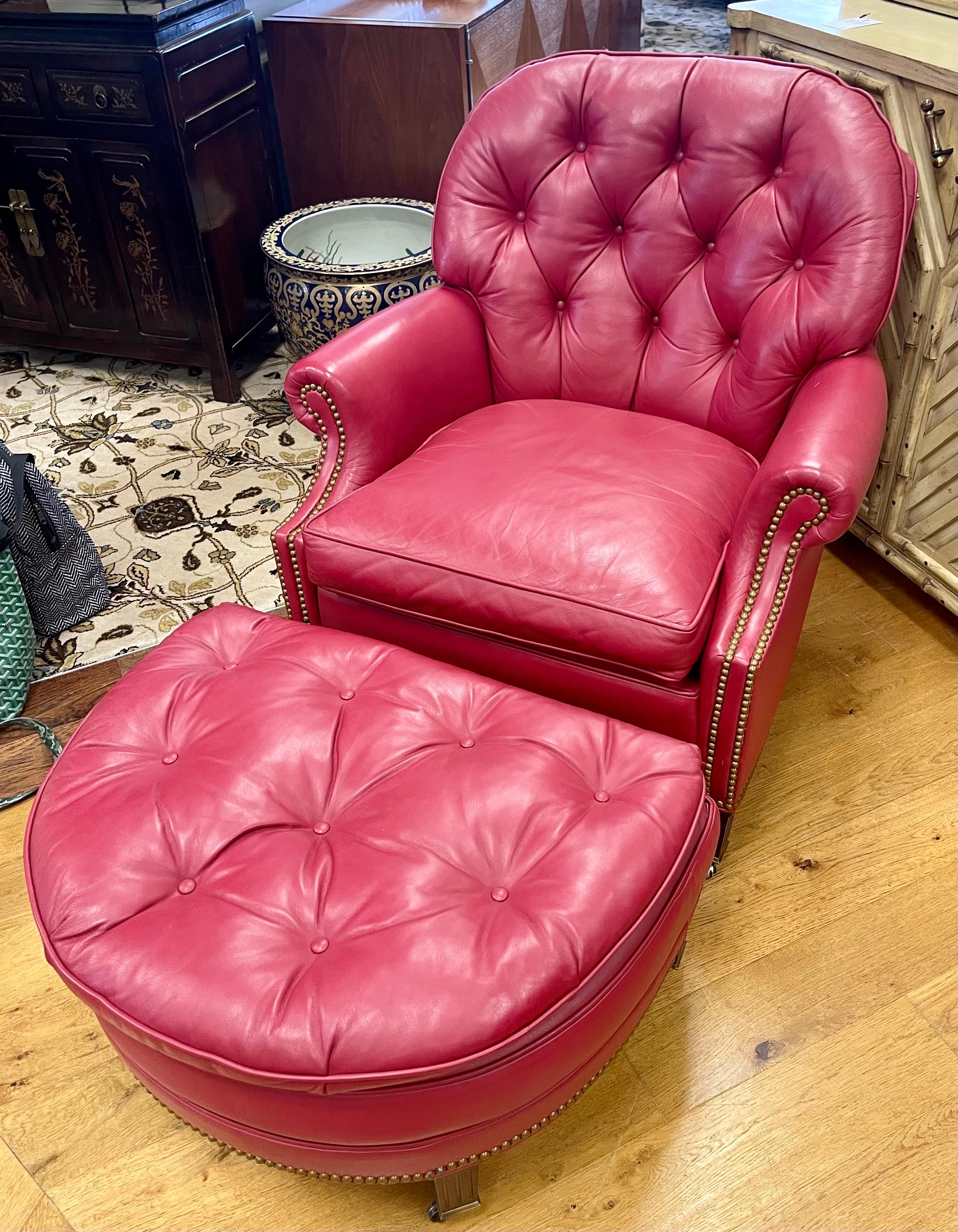 Hancock & Moore Raspberry Red Leather Nailhead Reading Chair and Ottoman Set 3