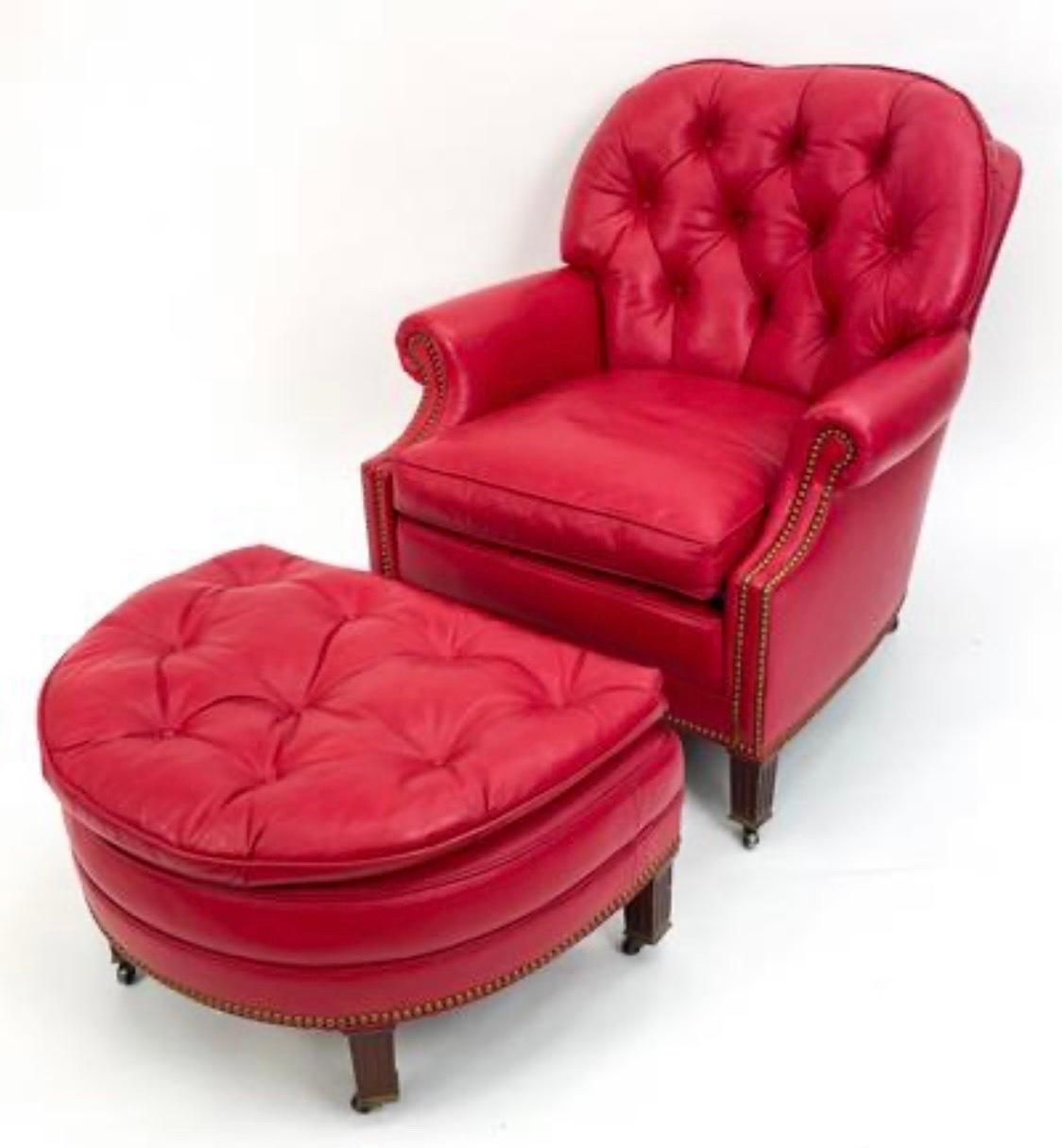 Hancock & Moore Raspberry Red Leather Nailhead Reading Chair and Ottoman Set 9