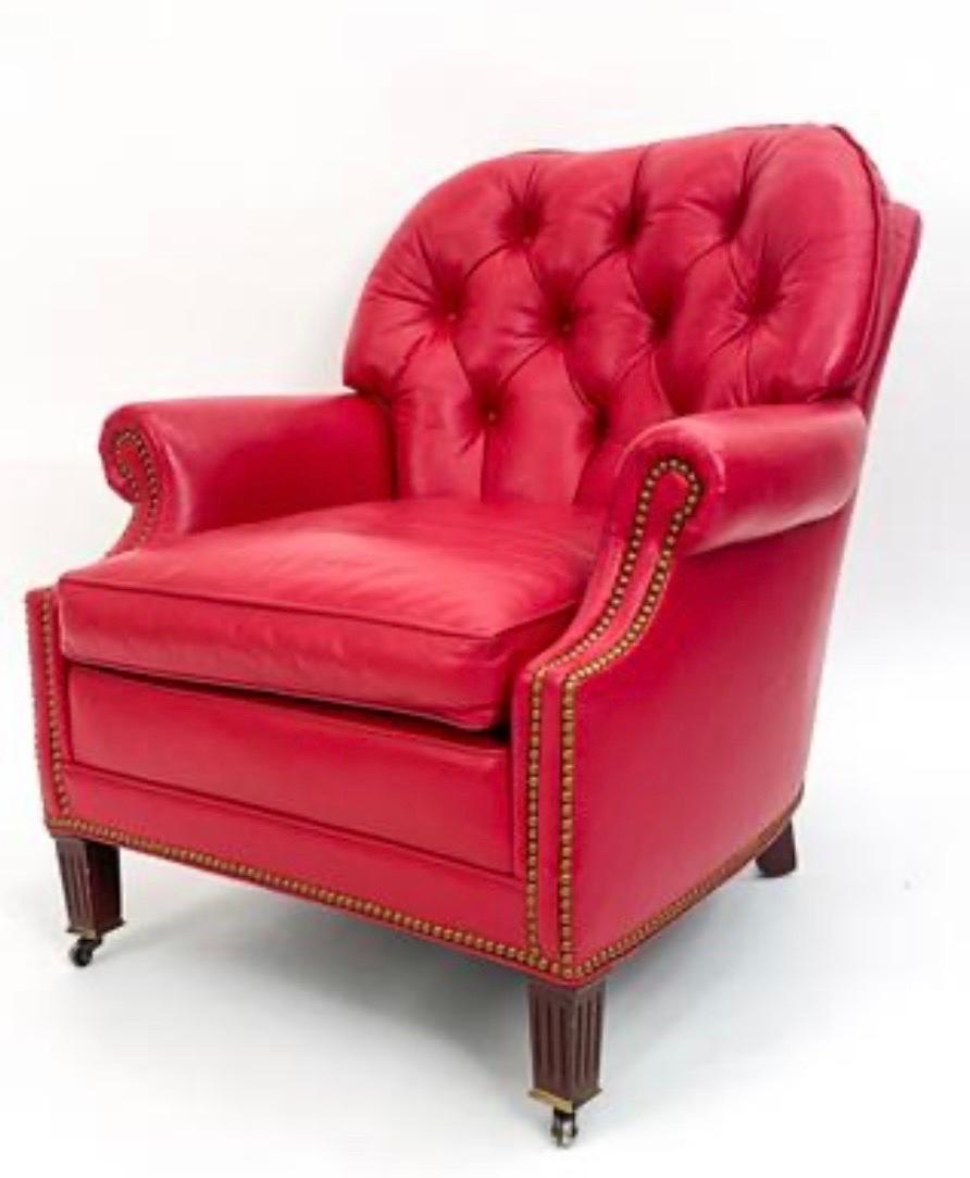 Hancock & Moore Raspberry Red Leather Nailhead Reading Chair and Ottoman Set 10