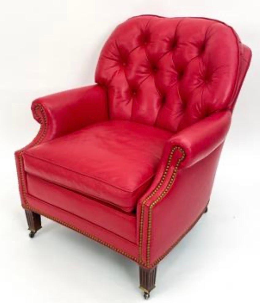 Hancock & Moore Raspberry Red Leather Nailhead Reading Chair and Ottoman Set 11