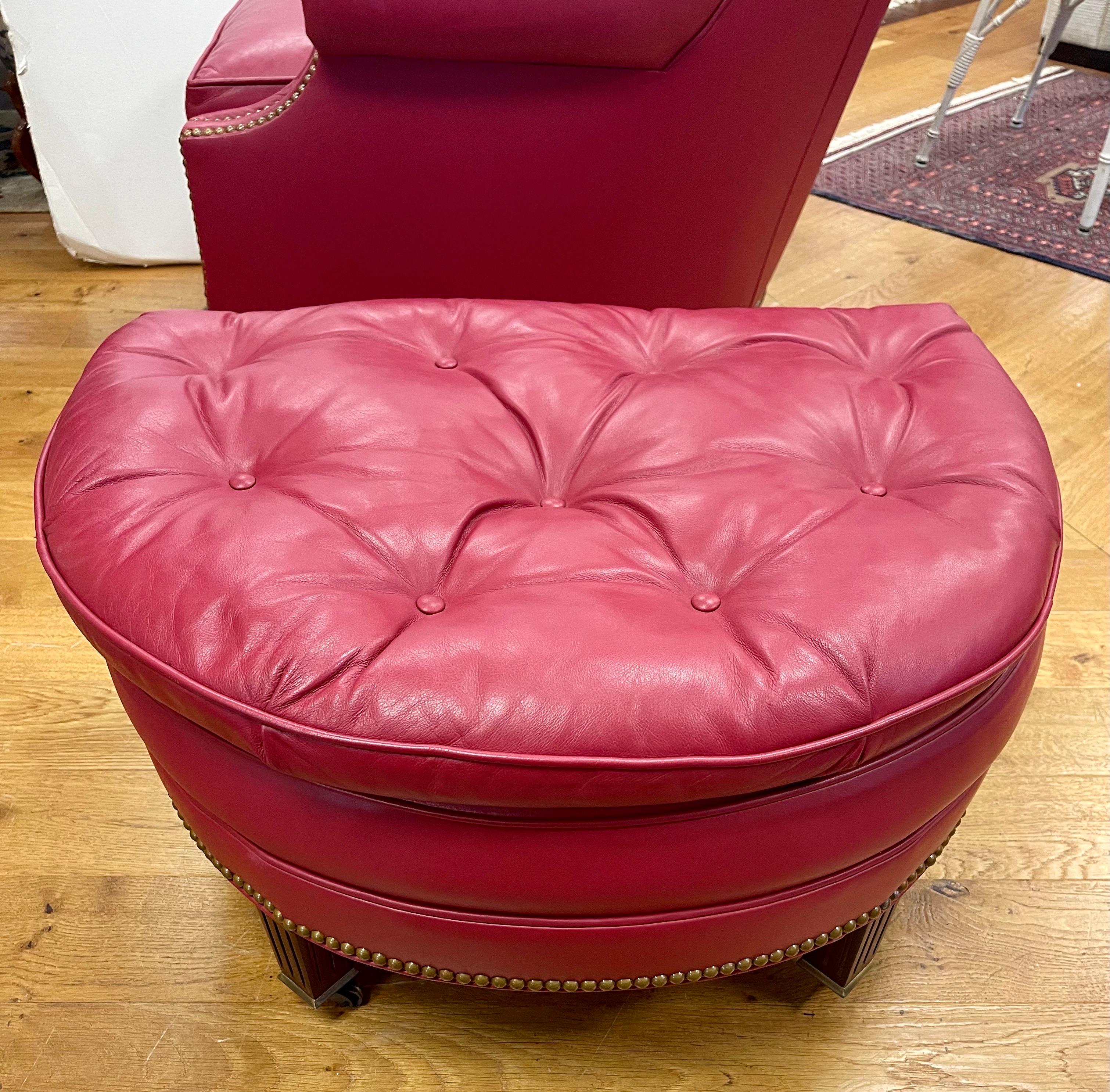 20th Century Hancock & Moore Raspberry Red Leather Nailhead Reading Chair and Ottoman Set