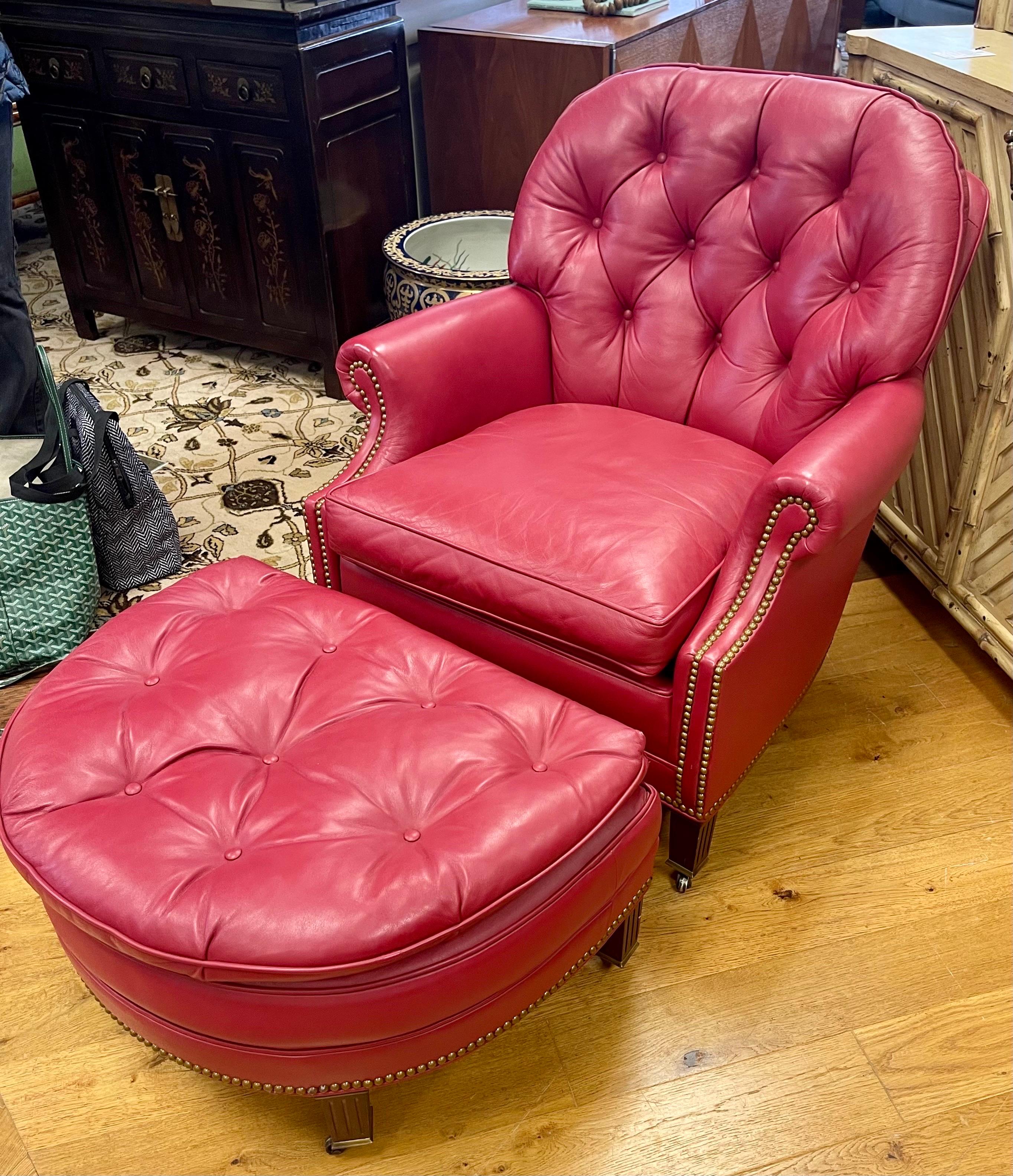 Brass Hancock & Moore Raspberry Red Leather Nailhead Reading Chair and Ottoman Set