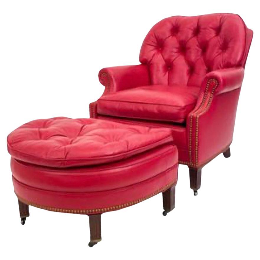 Hancock & Moore Raspberry Red Leather Nailhead Reading Chair and Ottoman Set