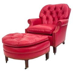 Used Hancock & Moore Raspberry Red Leather Nailhead Reading Chair and Ottoman Set