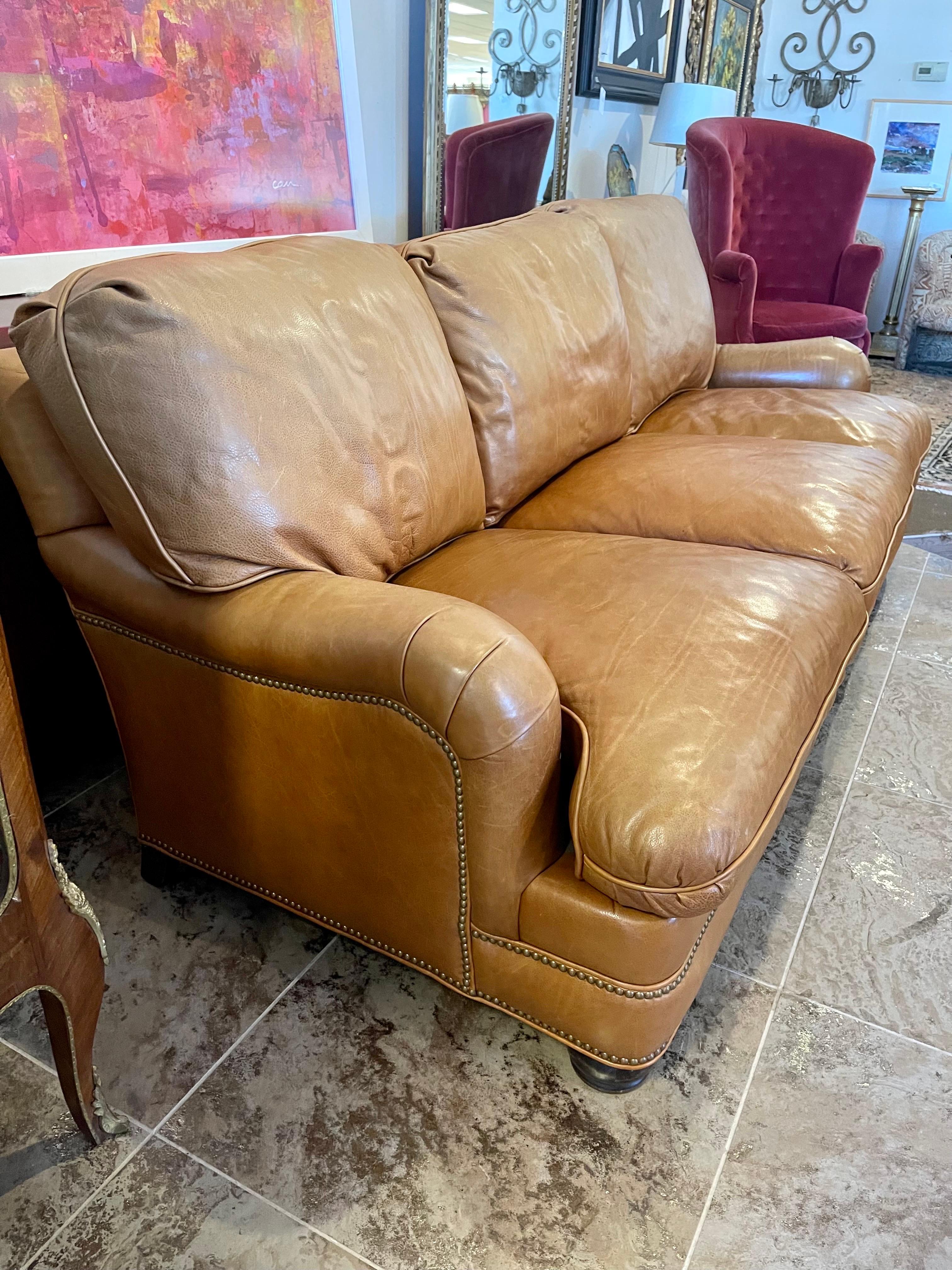 Hancock & Moore Saddle Leather Brown Nailhead Sofa 4