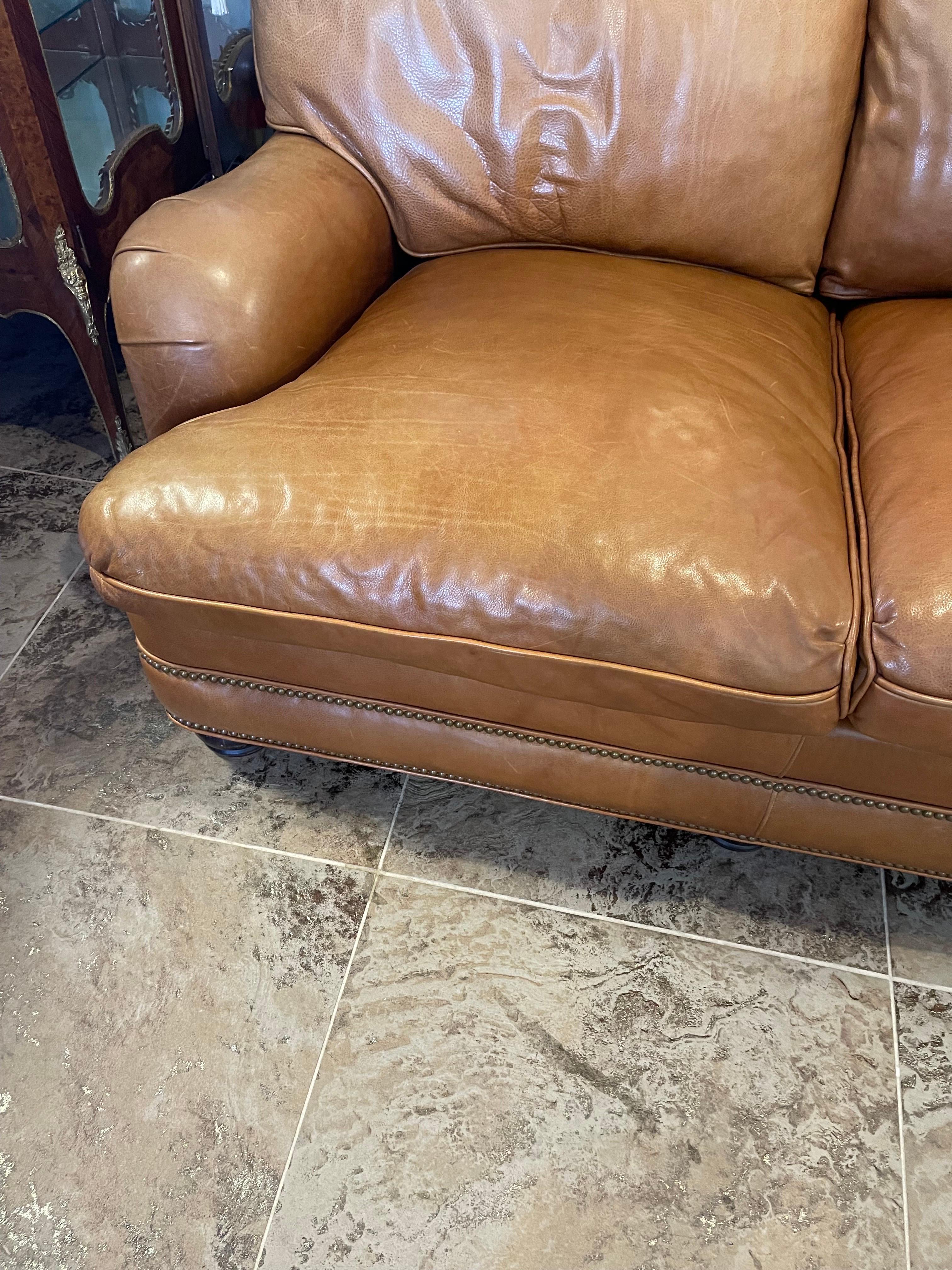 American Hancock & Moore Saddle Leather Brown Nailhead Sofa