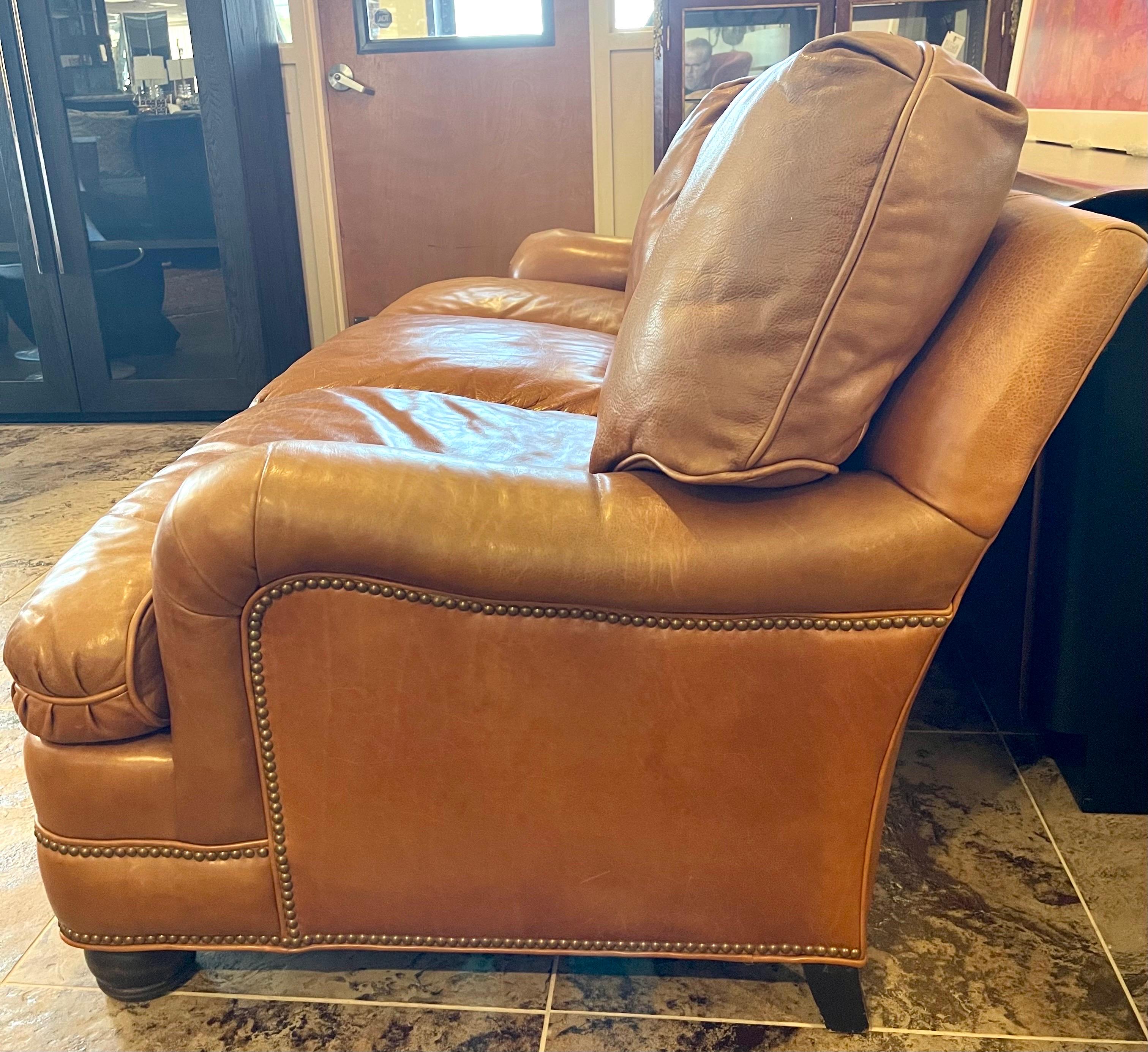 Hancock & Moore Saddle Leather Brown Nailhead Sofa In Good Condition In West Hartford, CT