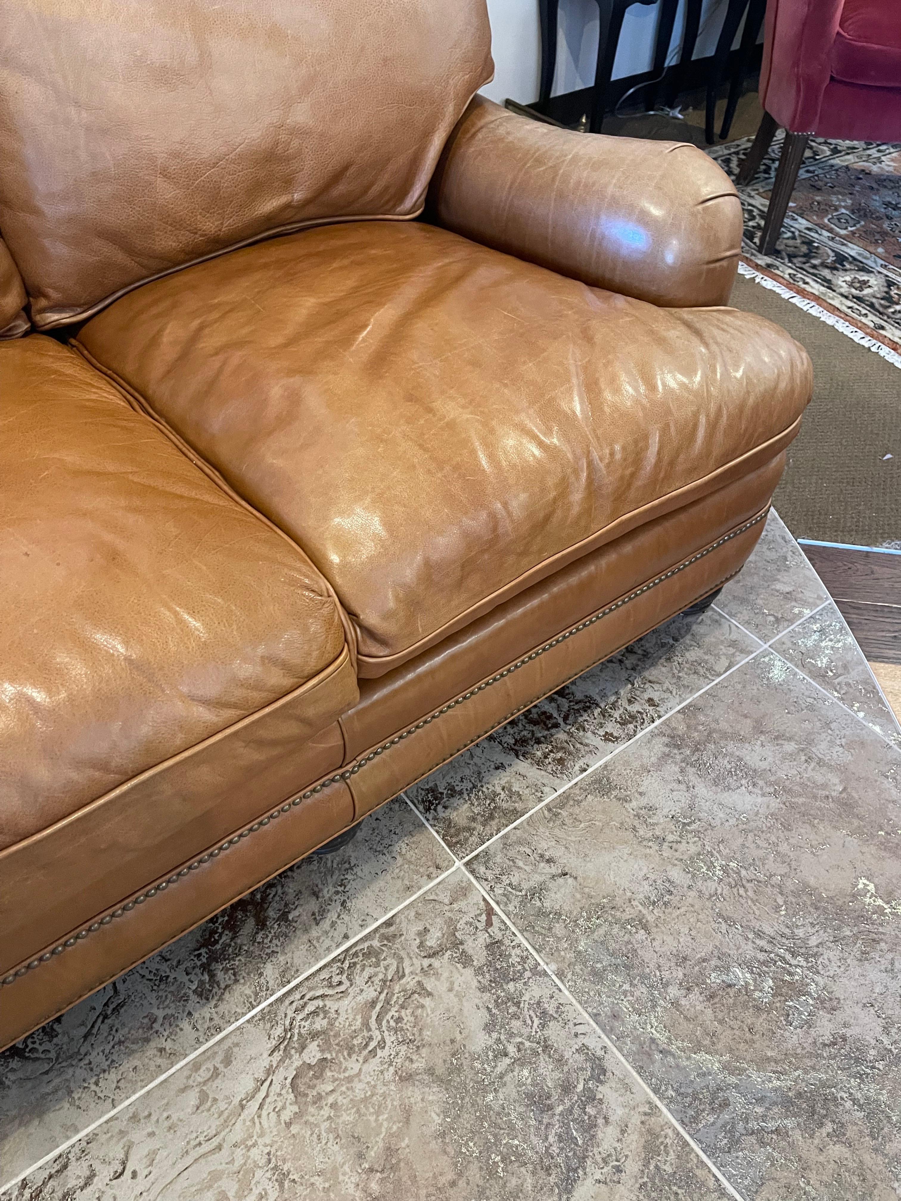 Contemporary Hancock & Moore Saddle Leather Brown Nailhead Sofa
