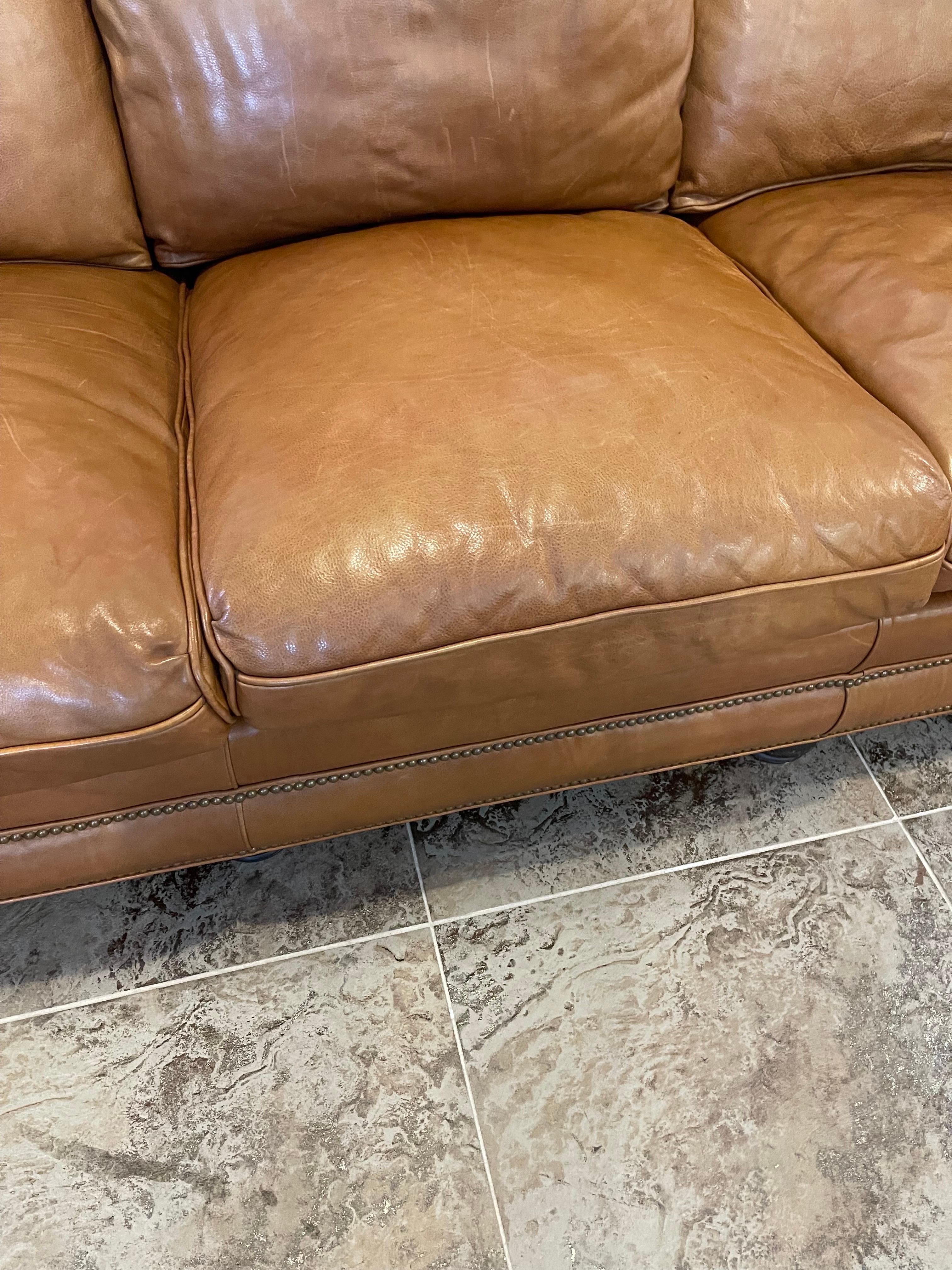 Hancock & Moore Saddle Leather Brown Nailhead Sofa 1