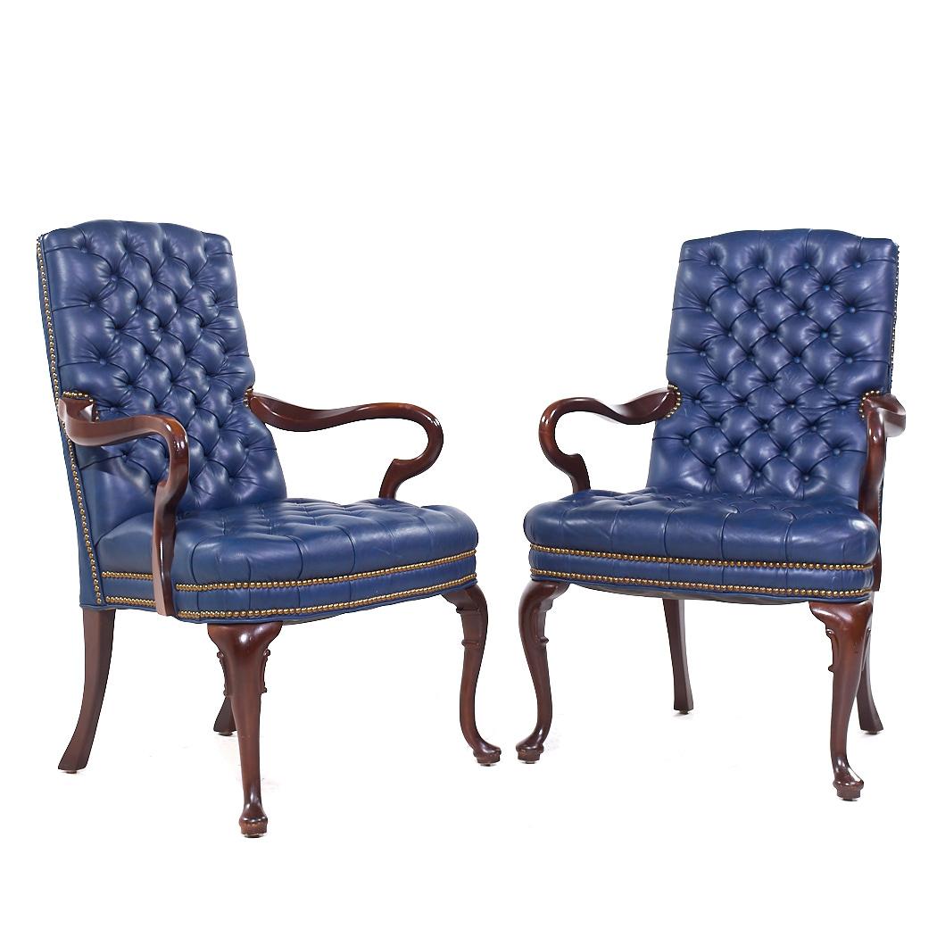 Hancock and Moore Style Mahogany & Leather Queen Anne Chesterfield Tufted Nailhead Lounge Chairs - Pair

Each lounge chair measures: 26.5 wide x 24.25 deep x 39.75 high, with a seat height of 19 and arm height/chair clearance 26.25 inches

We take