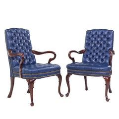 Hancock Moore Style Mahogany & Leather Queen Anne Chesterfield Lounge Chairs - 2