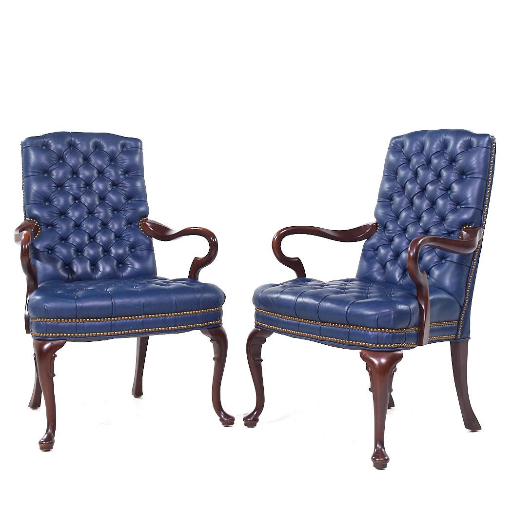 American Hancock Moore Style Mahogany & Leather Queen Anne Chesterfield Lounge Chairs - 2