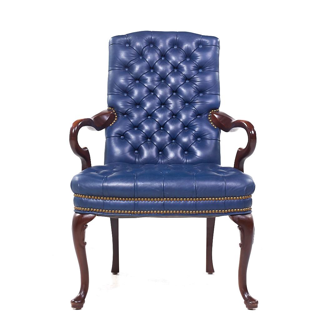 20th Century Hancock Moore Style Mahogany & Leather Queen Anne Chesterfield Lounge Chairs - 2