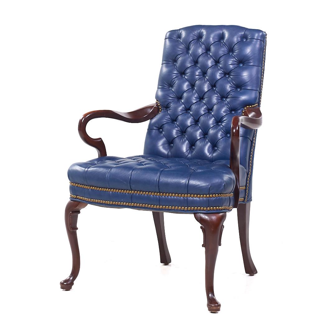Metal Hancock Moore Style Mahogany & Leather Queen Anne Chesterfield Lounge Chairs - 2
