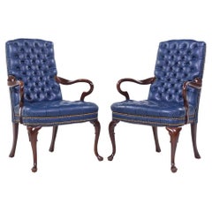 Hancock Moore Style Mahogany & Leather Queen Anne Chesterfield Lounge Chairs - 2