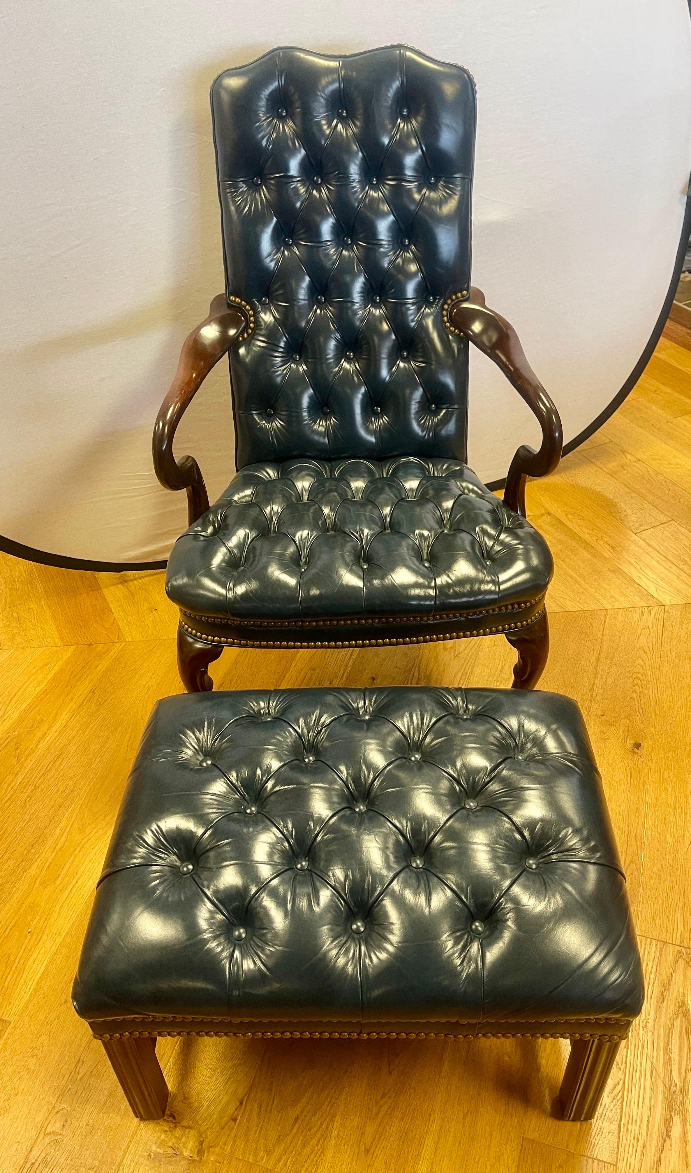 Hancock & Moore Tufted Blue Leather Arm Chair and Matching Ottoman 2Pcs. 4