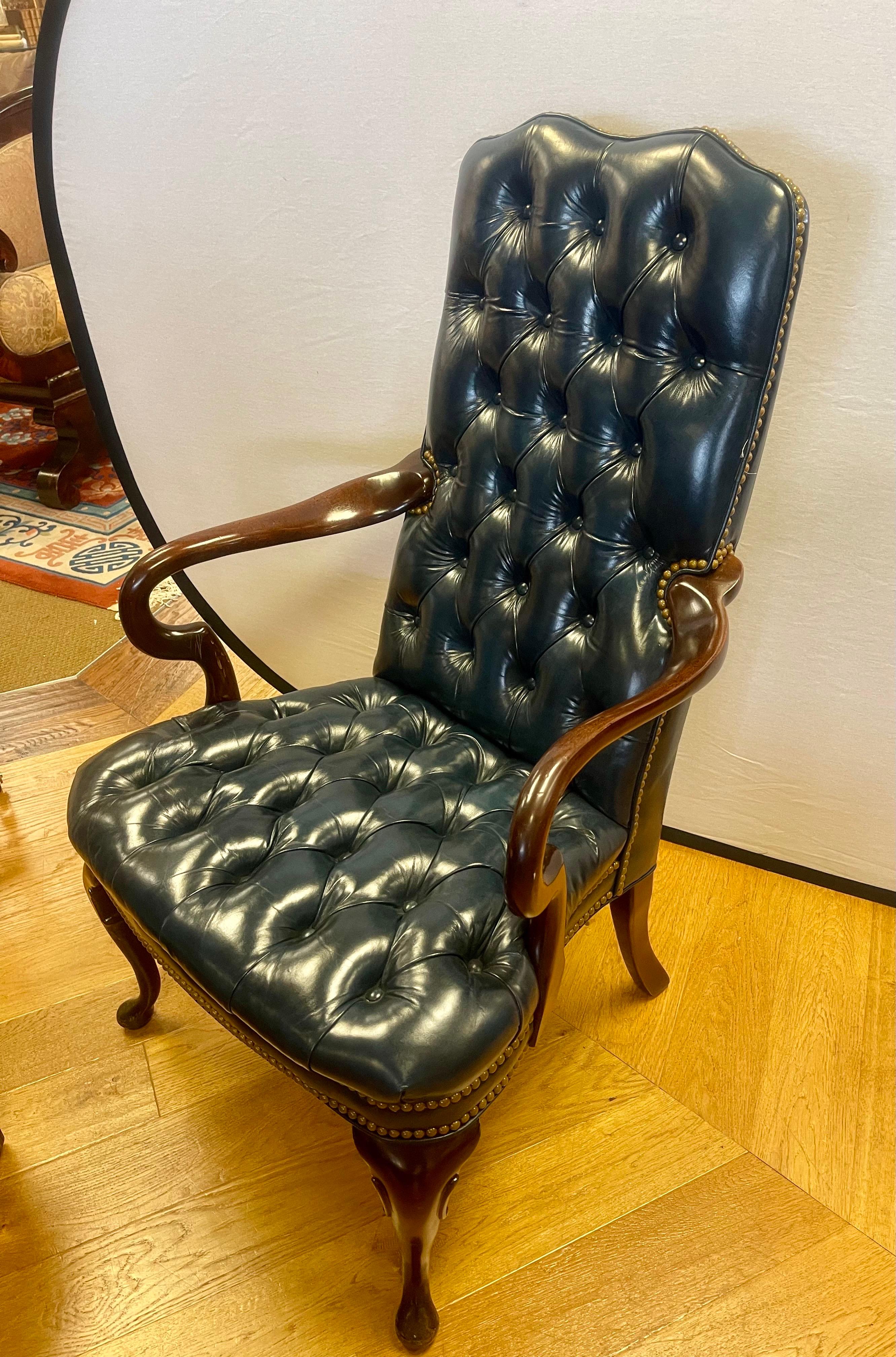Hancock & Moore Tufted Blue Leather Arm Chair and Matching Ottoman 2Pcs. 5