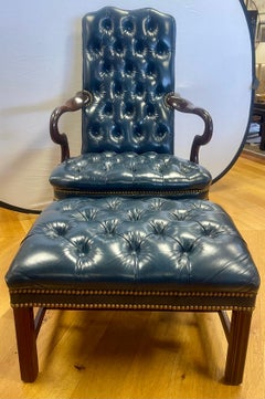 Hancock & Moore Tufted Blue Leather Arm Chair and Matching Ottoman 2Pcs.
