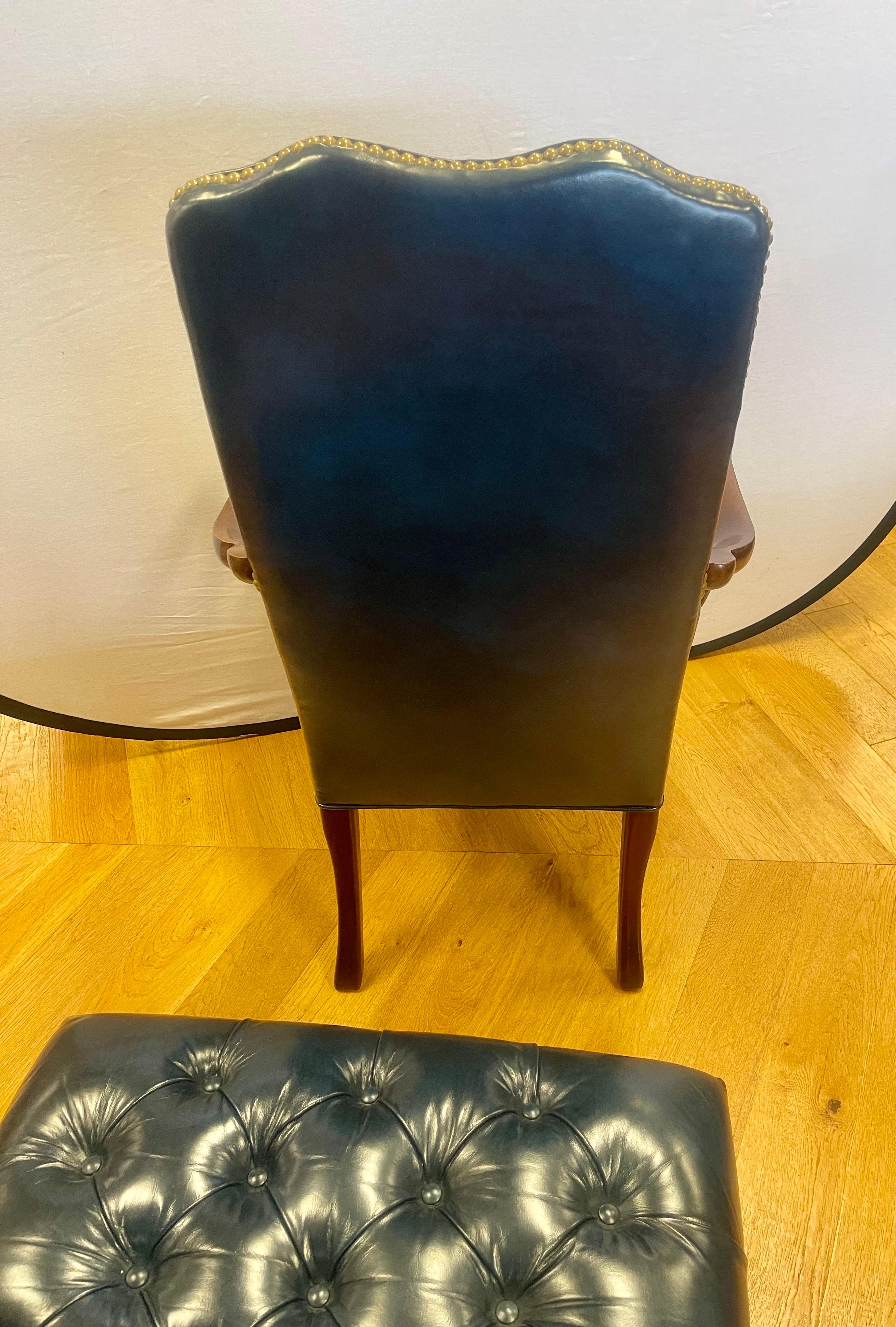 Hancock & Moore Tufted Blue Leather Arm Chair and Matching Ottoman 2Pcs. In Good Condition In West Hartford, CT
