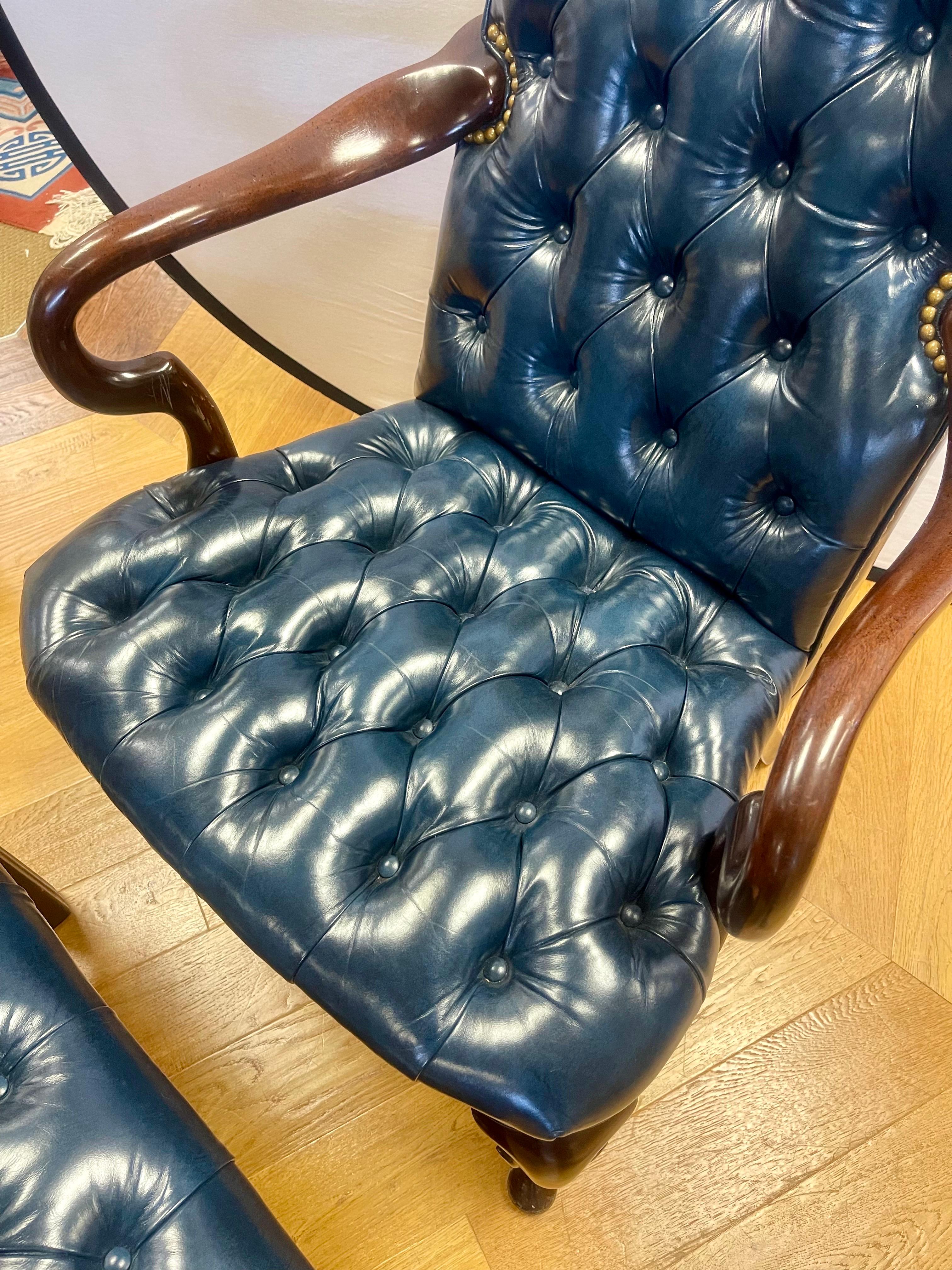 20th Century Hancock & Moore Tufted Blue Leather Arm Chair and Matching Ottoman 2Pcs.