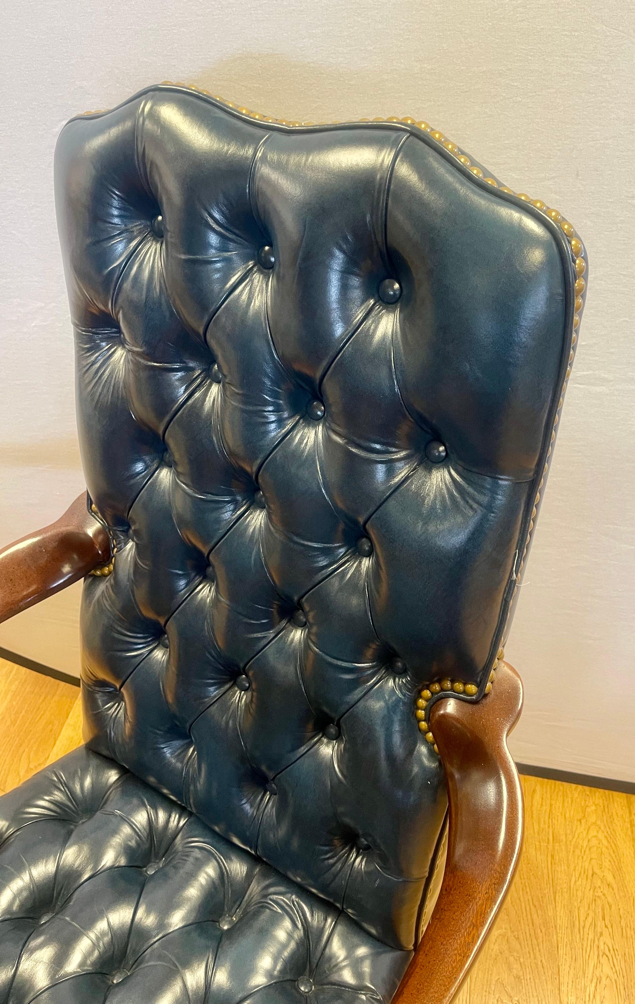 Brass Hancock & Moore Tufted Blue Leather Arm Chair and Matching Ottoman 2Pcs.