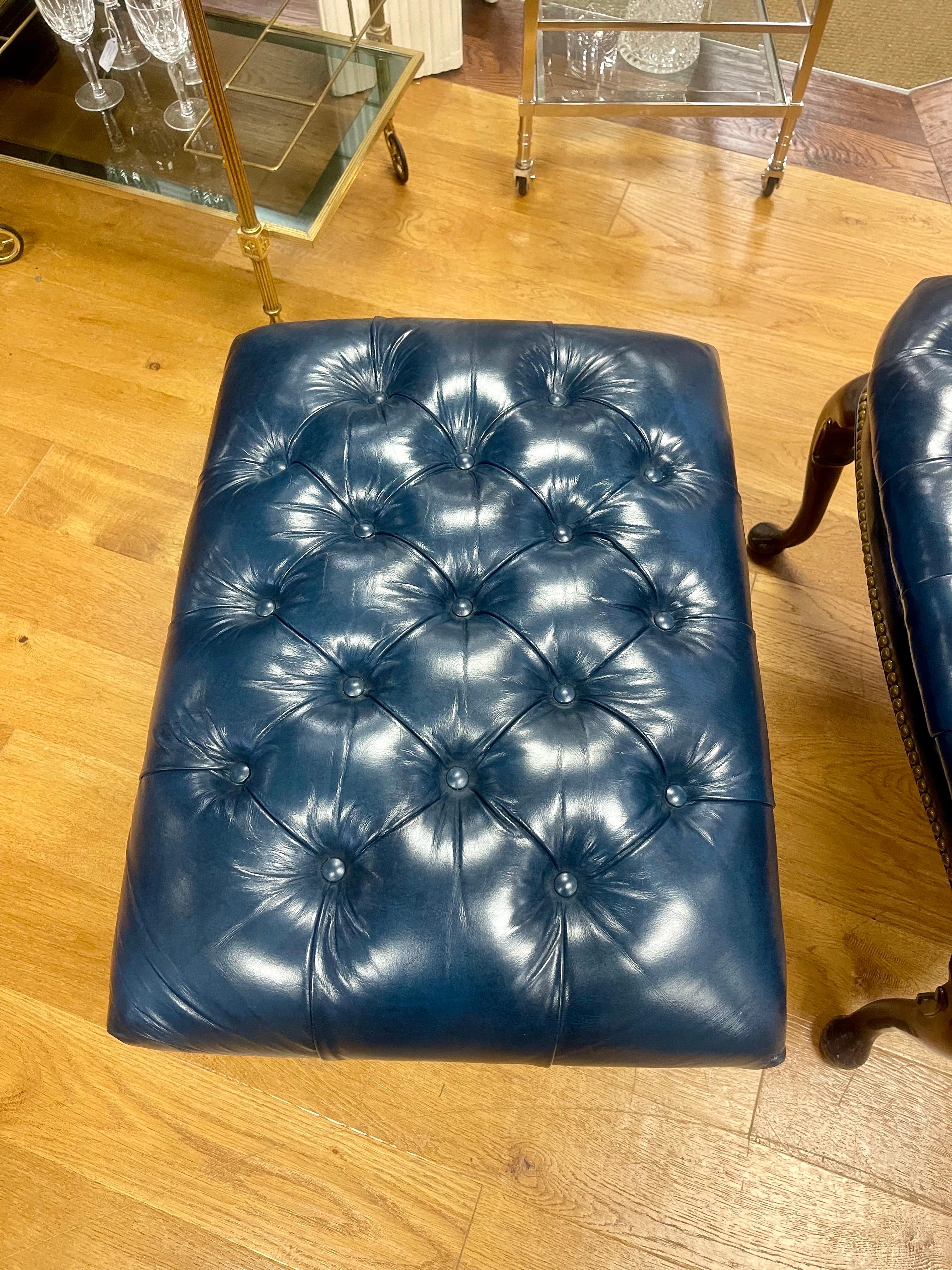 Hancock & Moore Tufted Blue Leather Arm Chair and Matching Ottoman 2Pcs. 1