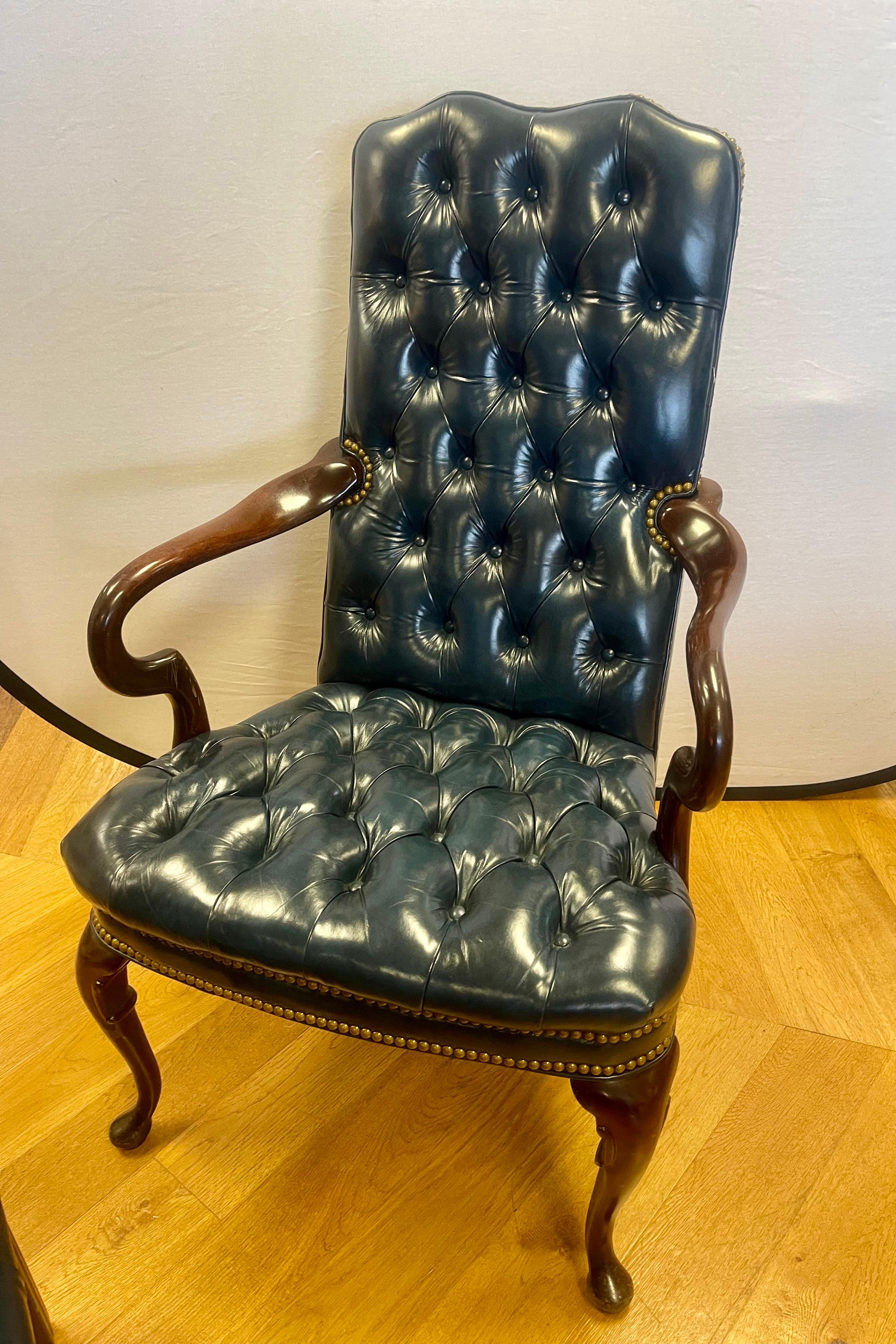 Hancock & Moore Tufted Blue Leather Arm Chair and Matching Ottoman 2Pcs. 2