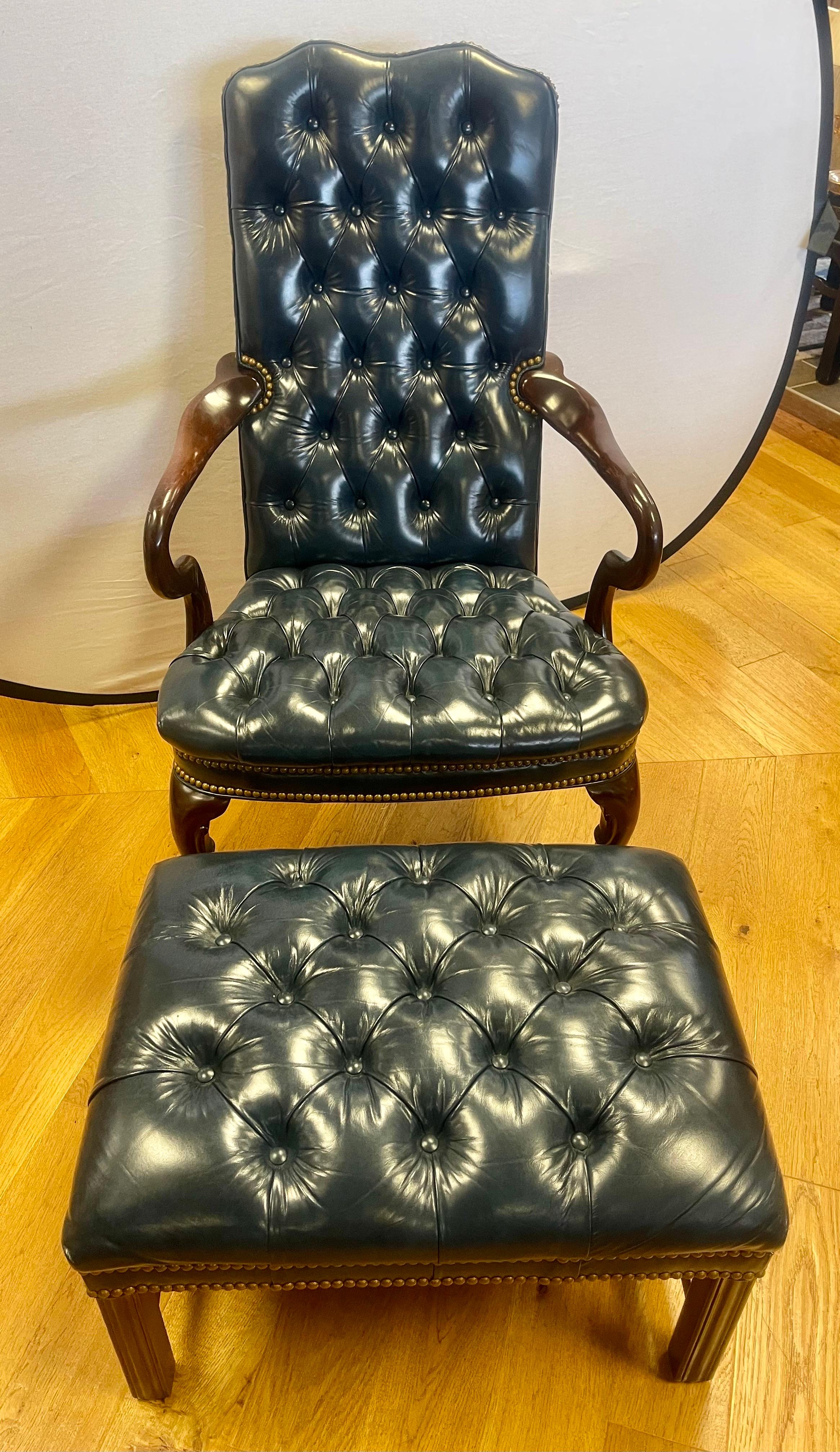 Hancock & Moore Tufted Blue Leather Arm Chair and Matching Ottoman 2Pcs. 3