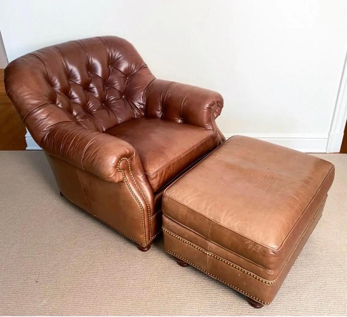 20th Century Hancock & Moore Tufted Brown Leather Club Chair and Matching Ottoman