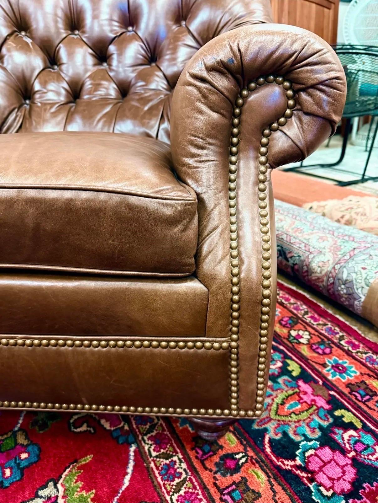 Hancock & Moore Tufted Brown Leather Club Chair and Matching Ottoman 2