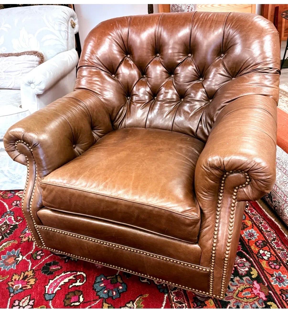 Hancock & Moore Tufted Brown Leather Club Chair and Matching Ottoman 3