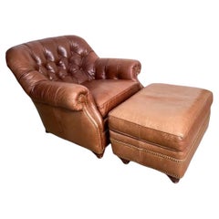 Hancock & Moore Tufted Brown Leather Club Chair and Matching Ottoman