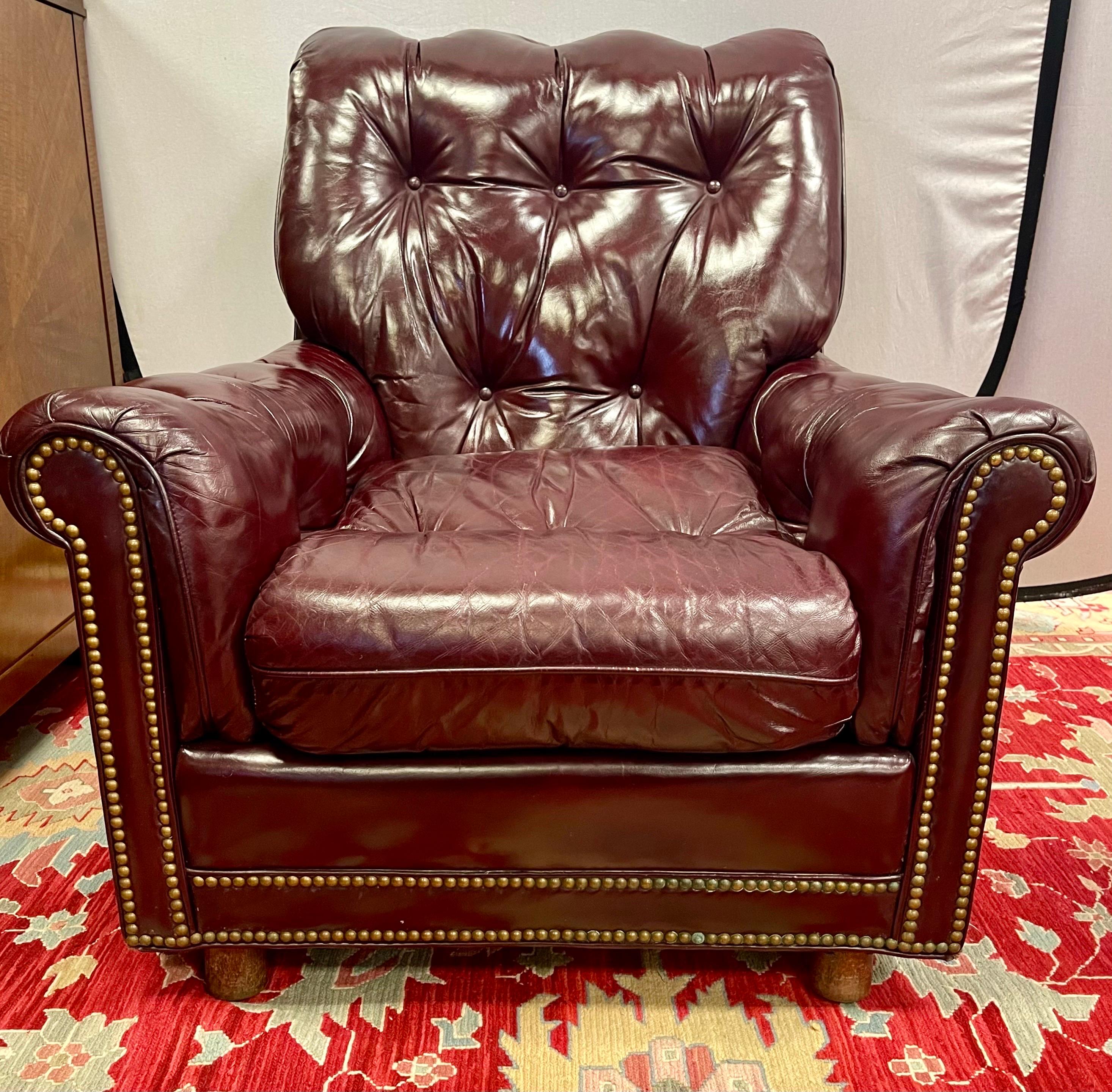 American Hancock & Moore Vintage Cranberry Leather Tufted Nailhead Armchair Chair