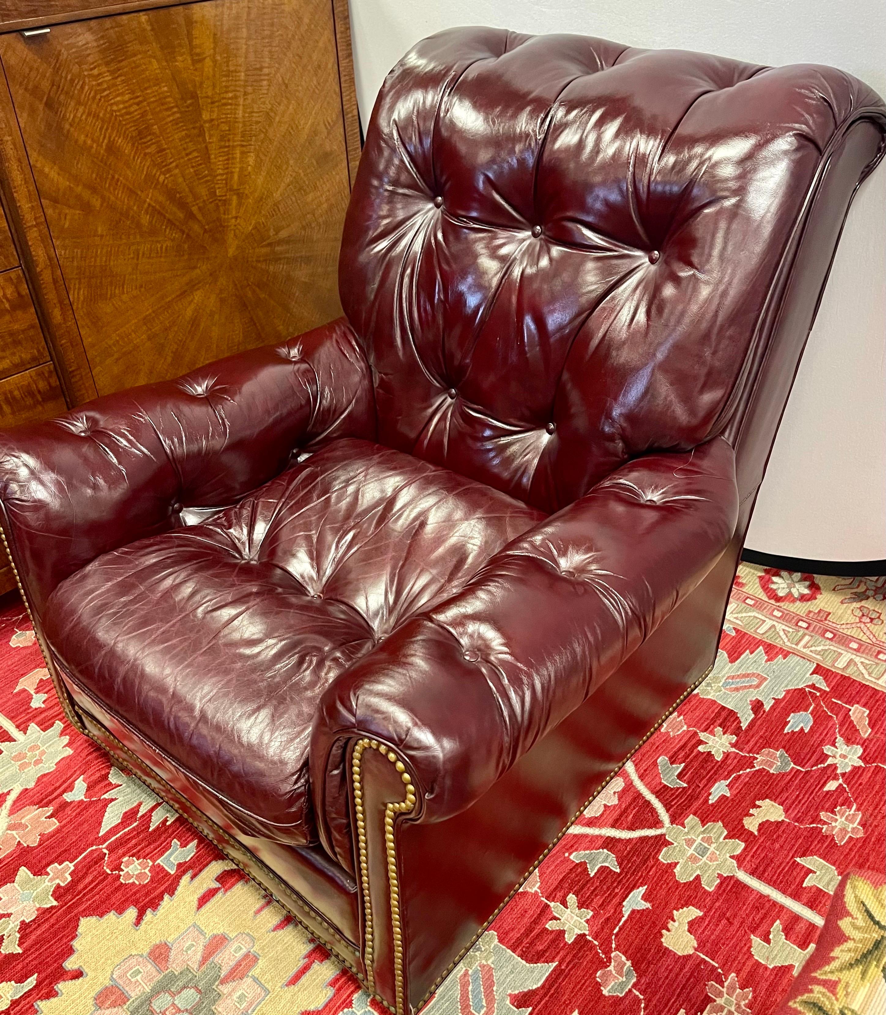 Hancock & Moore Vintage Cranberry Leather Tufted Nailhead Armchair Chair In Good Condition In West Hartford, CT