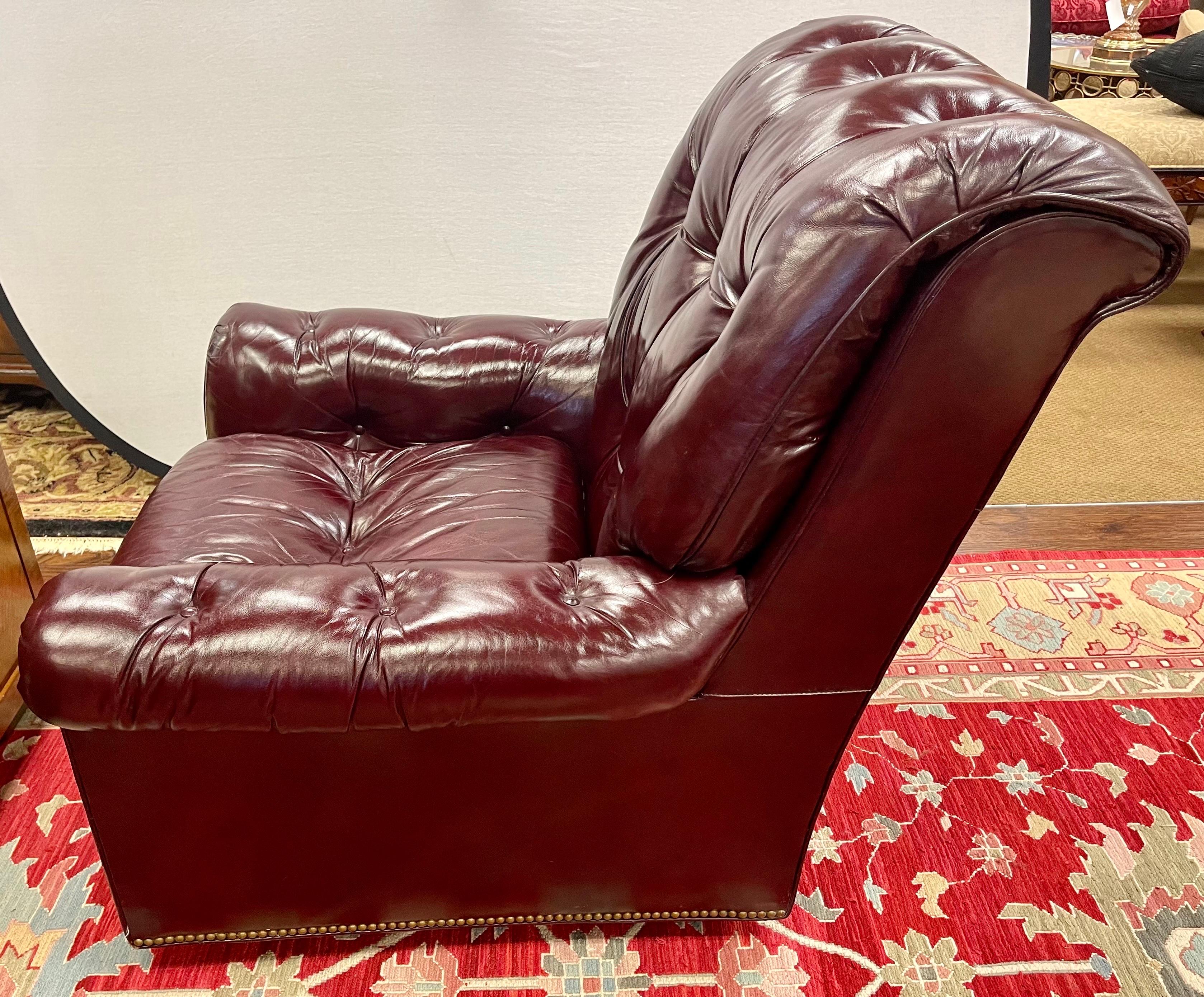 20th Century Hancock & Moore Vintage Cranberry Leather Tufted Nailhead Armchair Chair