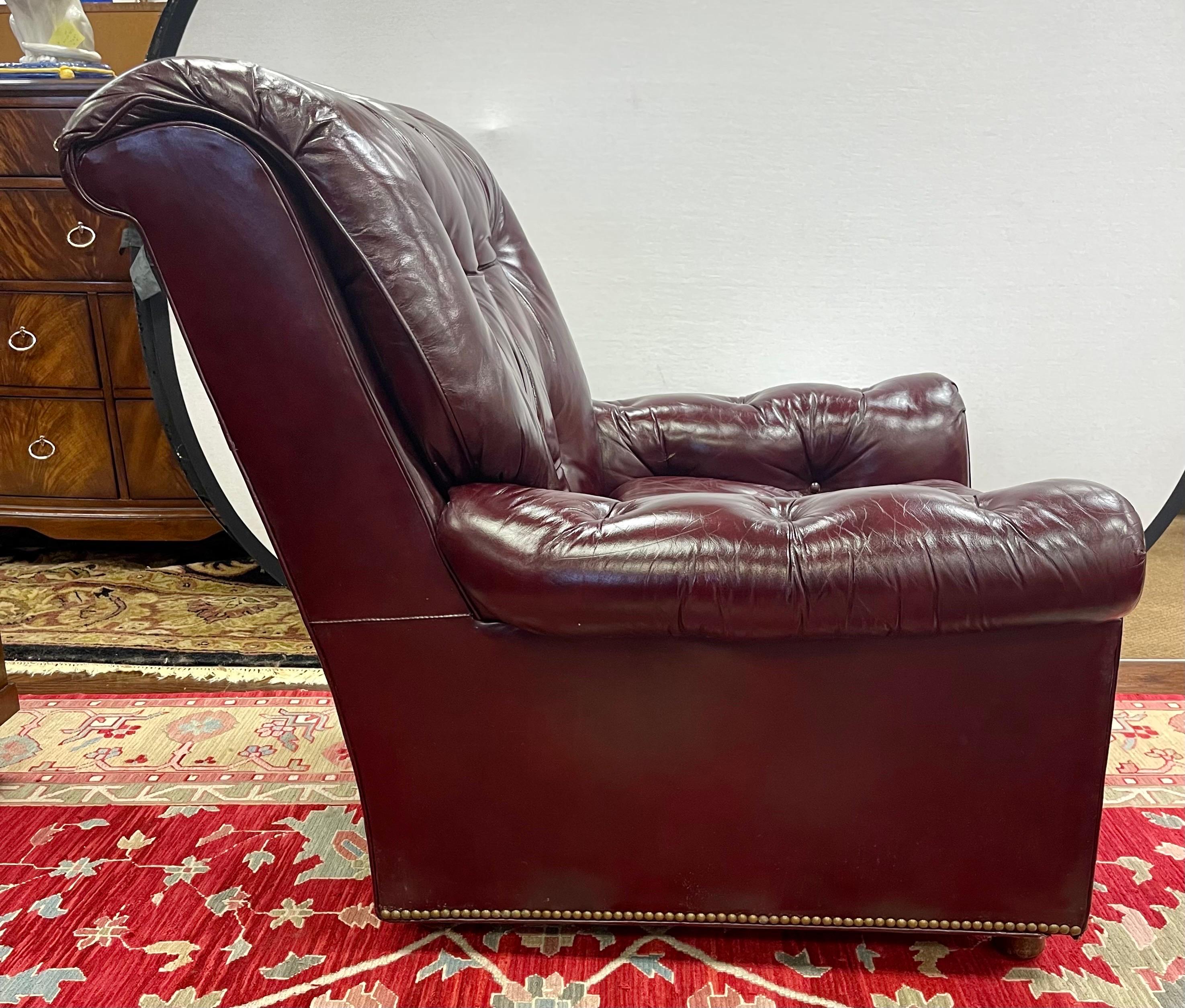 Brass Hancock & Moore Vintage Cranberry Leather Tufted Nailhead Armchair Chair