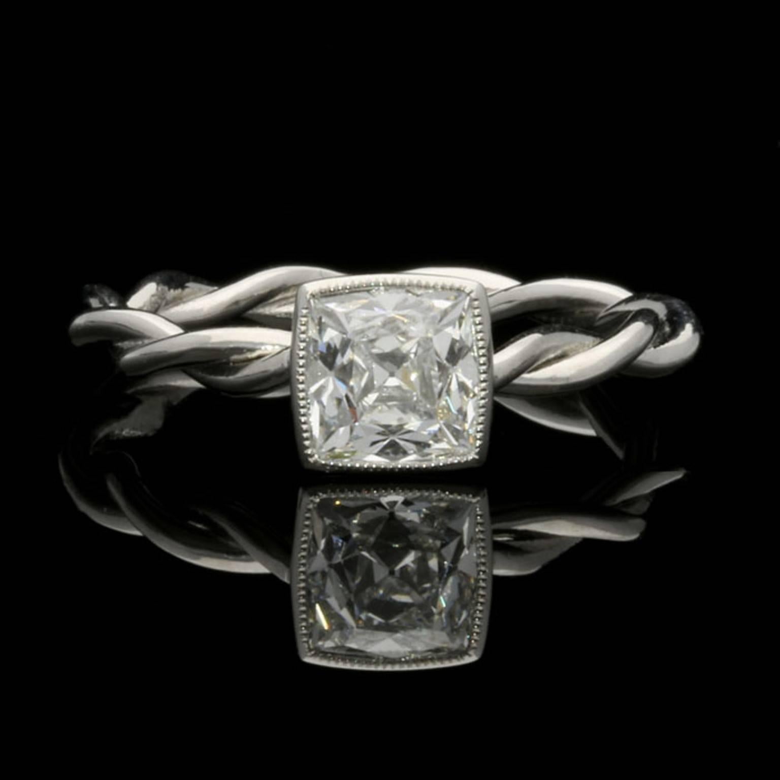 1.09ct F VVS2 Peruzzi brilliant cut diamond with GIA certificate
Platinum with London assay marks.
UK finger size M, US size 6.5, can be adjusted to your own finger size
3.5 grams

A striking 1.09ct Peruzzi cut diamond and platinum ring by Hancocks,
