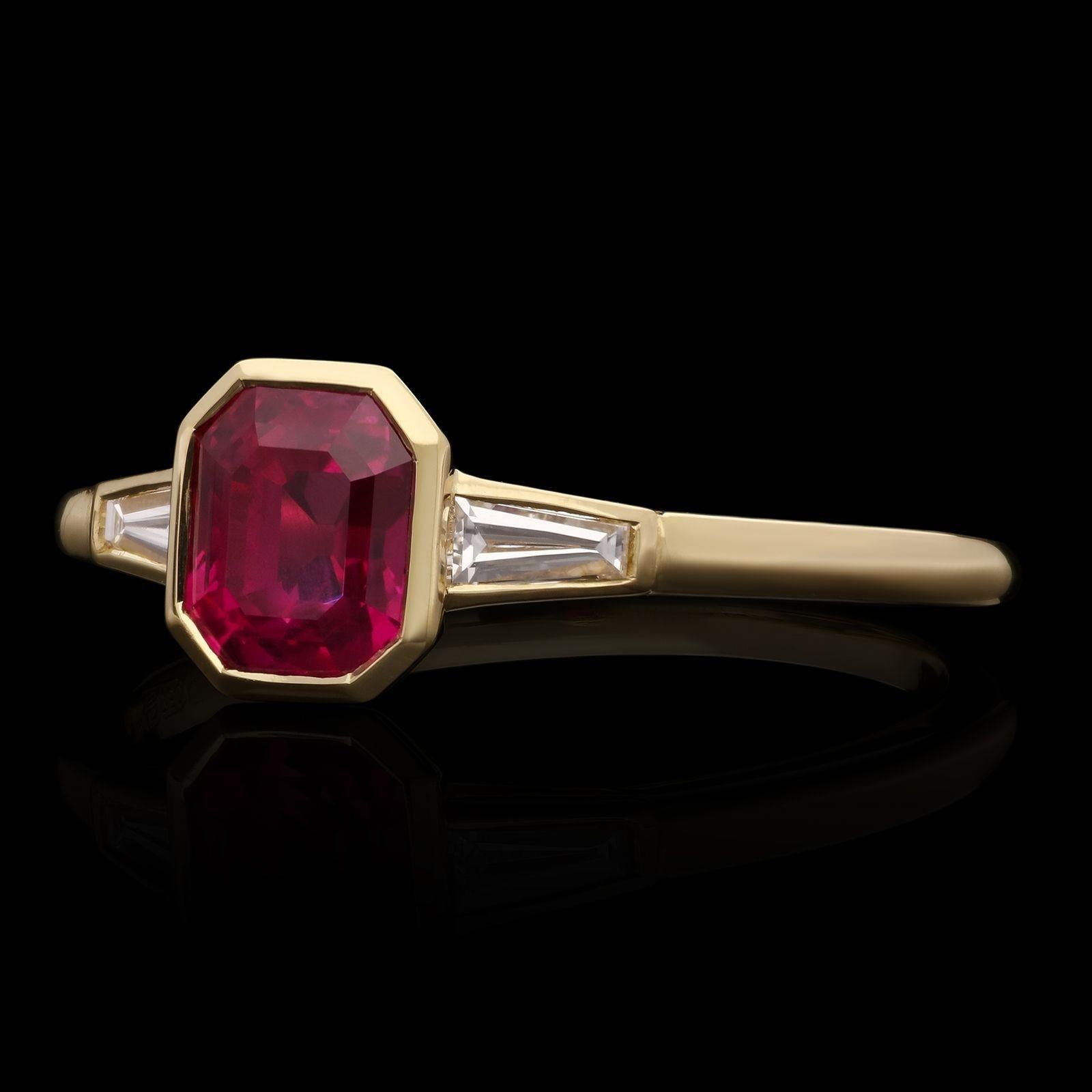 Emerald Cut Hancocks 1.09ct Burmese Ruby Ring With Baguette Diamond Shoulders Contemporary For Sale