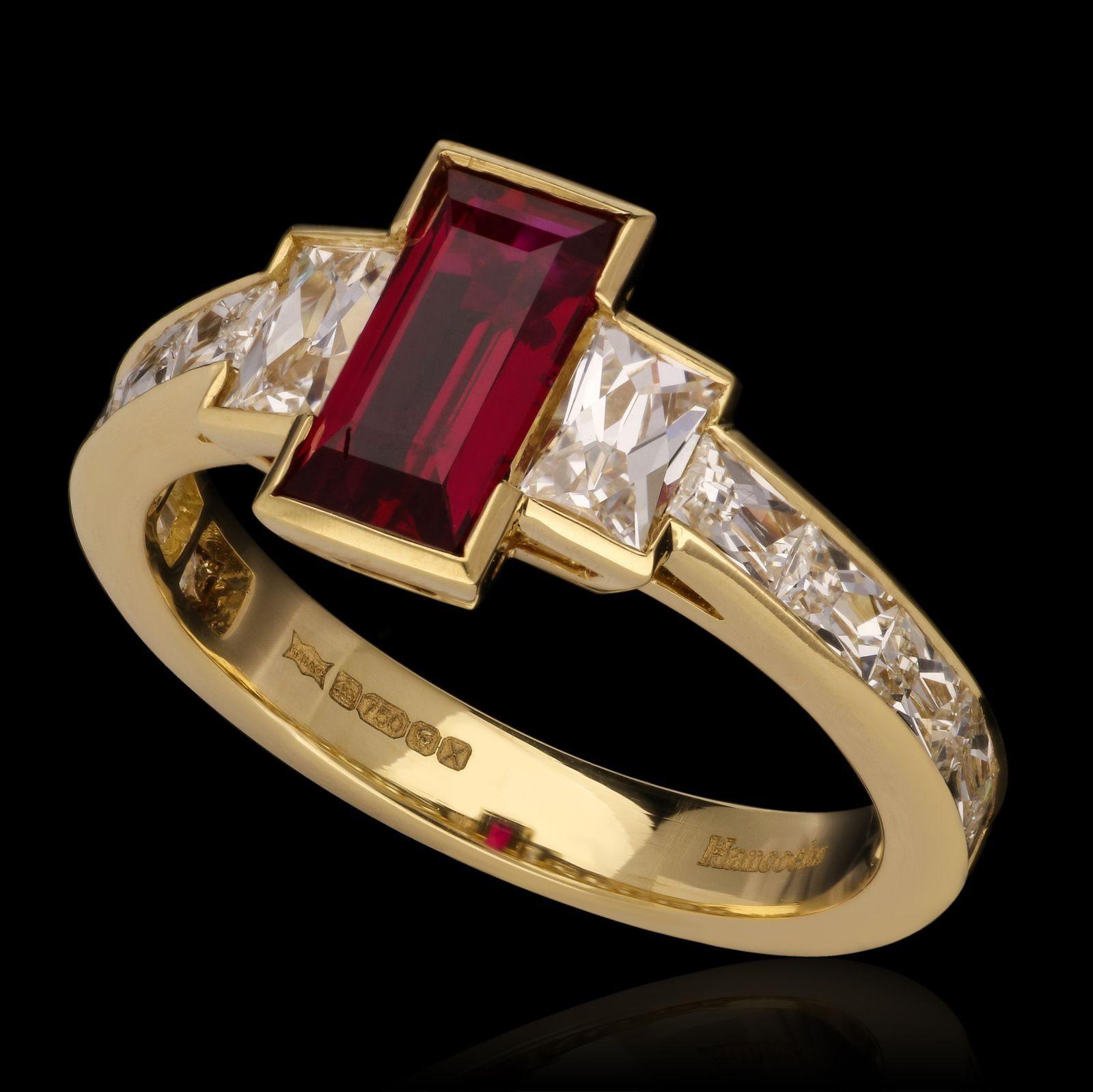 An incredible antique baguette cut Burmese Ruby with no treatment set in an 18ct yellow gold ring with stunning top white French cut diamonds in a channel setting.

Maker
Hancocks

Period
Contemporary

Origin
London

Gemstones
1.10ct Rectangular