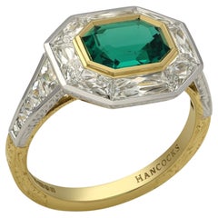 Hancocks 1.12ct Colombian Emerald & French Cut Diamond Halo Ring