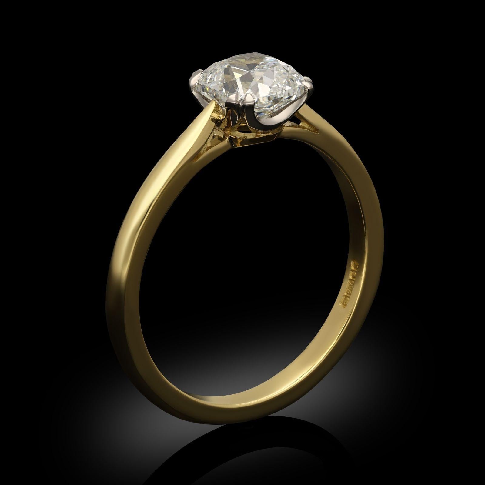 Hancocks 1.12ct Old Mine Cushion Cut Diamond And 18ct Yellow Gold Solitaire Ring In New Condition For Sale In London, GB